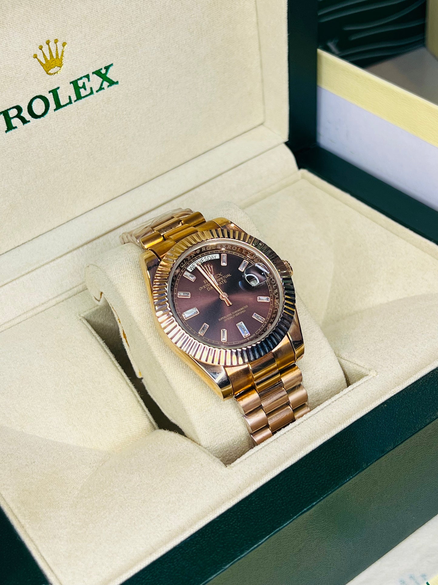 Rose Gold Chocolate Gems Automatic Day Date Super Clone Watch