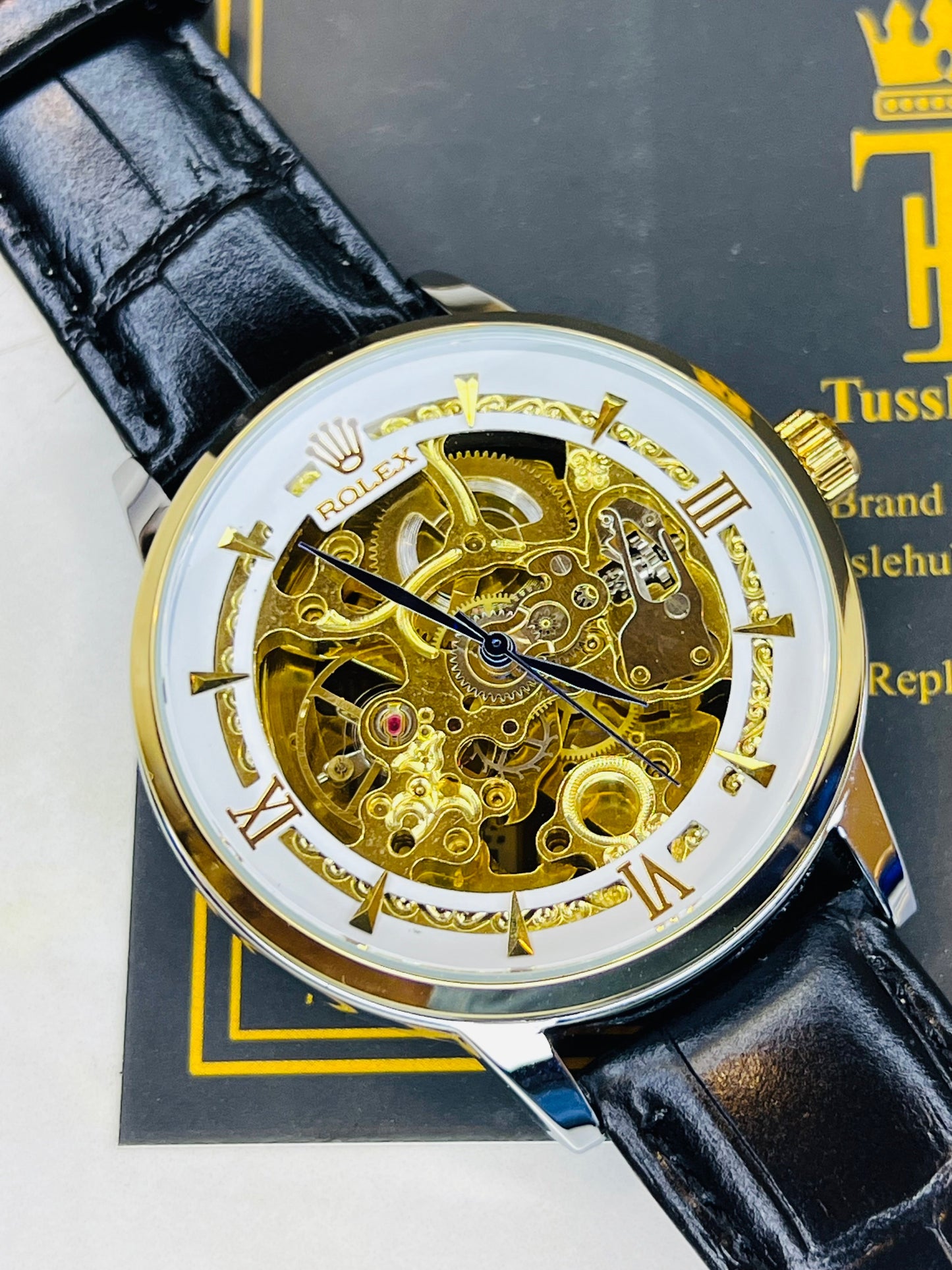 Leather Rol*x Black White Automatic Skeleton Watch