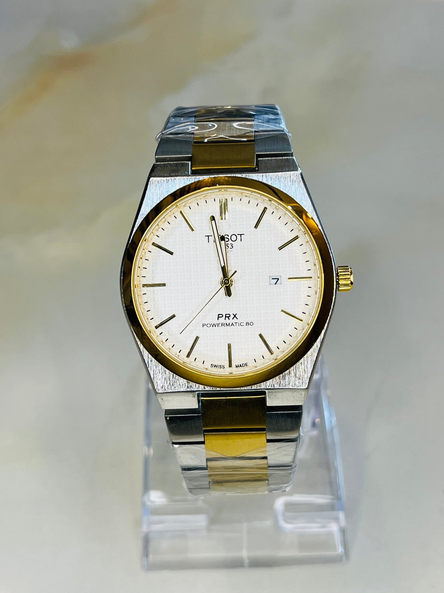 Tissot PRX 1853 Gold Silver With Textured White Dial Watch