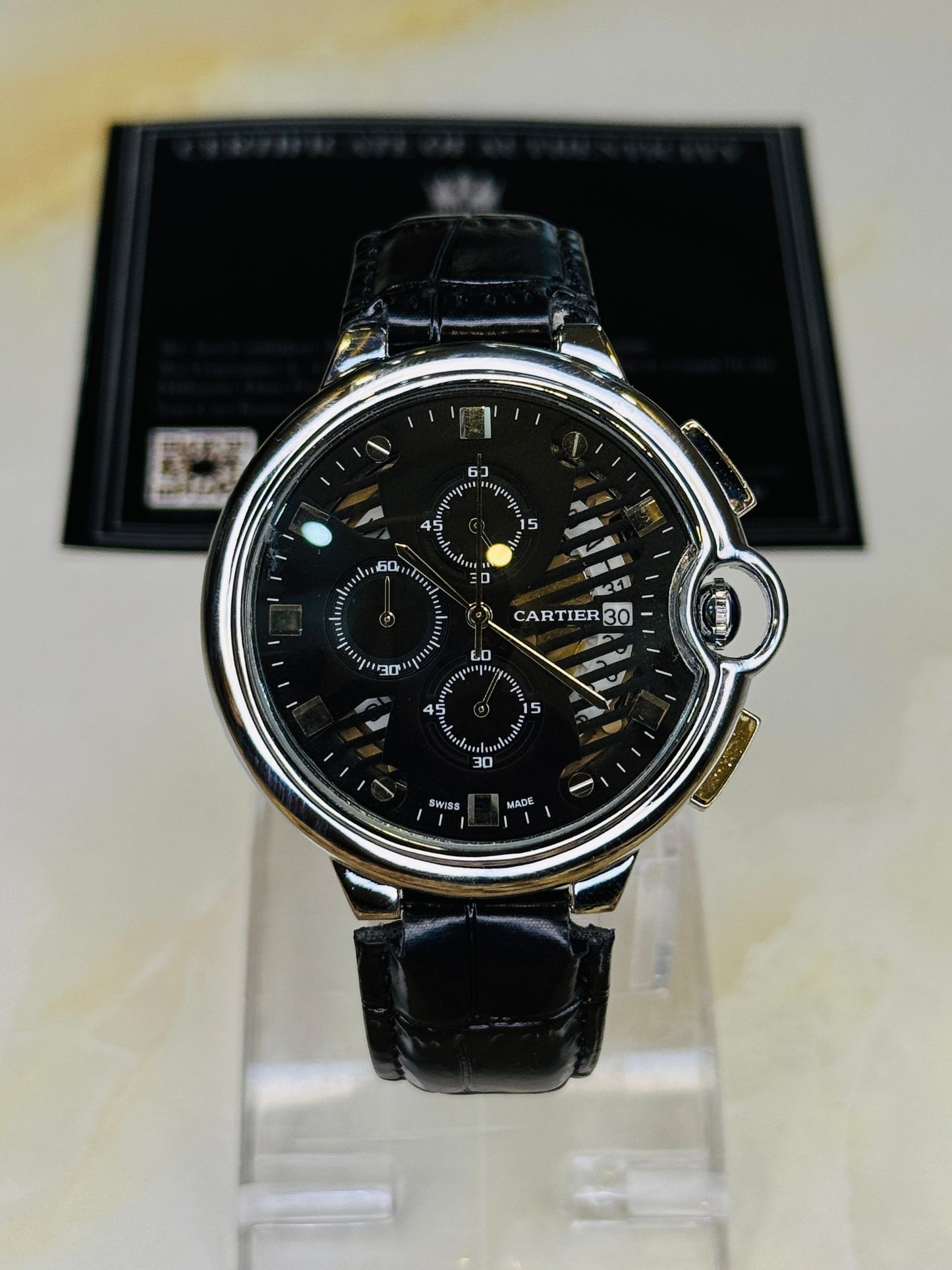 C-2 All Black Leather Cart*er Chronograph Dial Watch