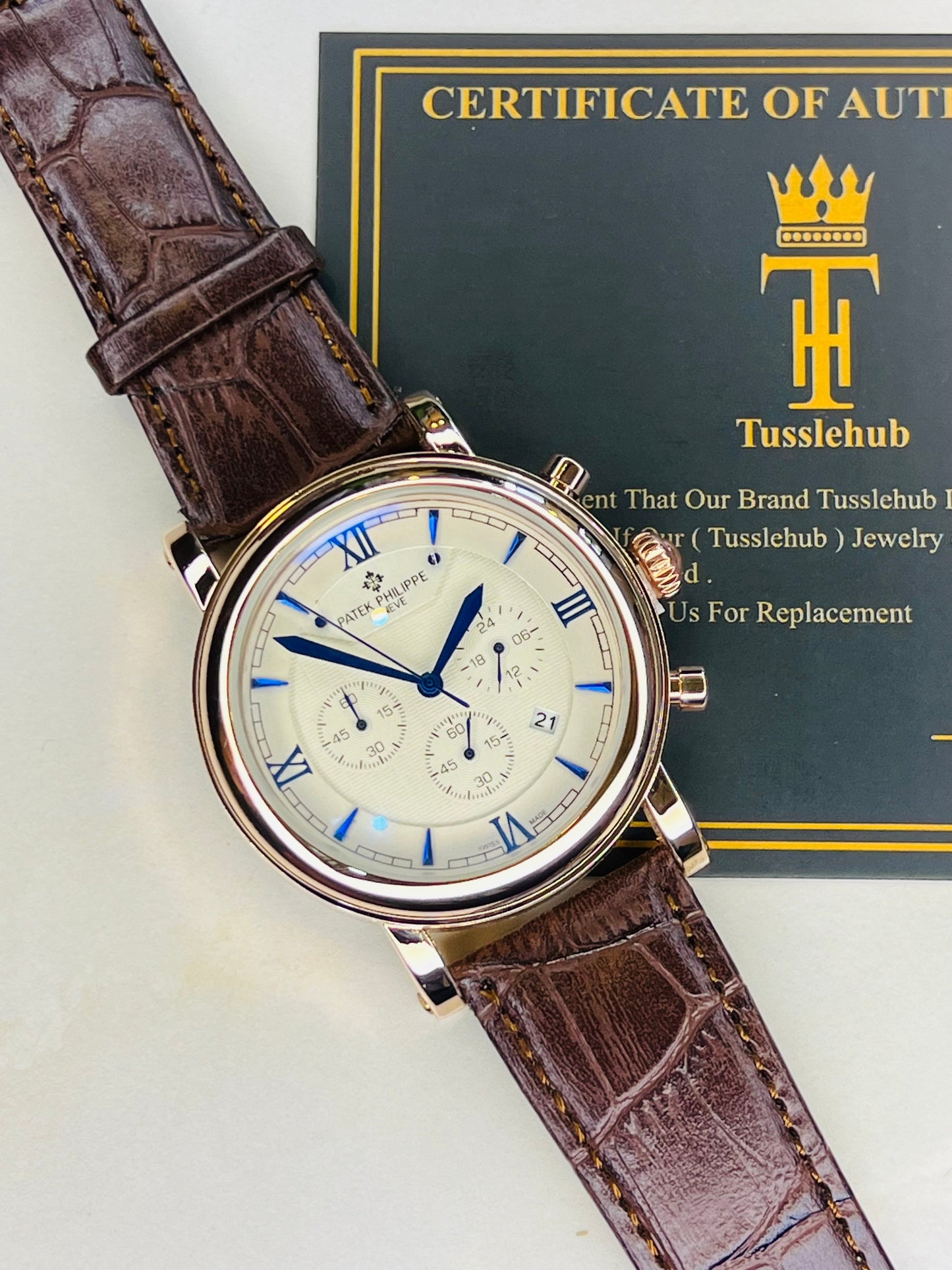 Brown Copper Round White Chronograph Dial PP Watch