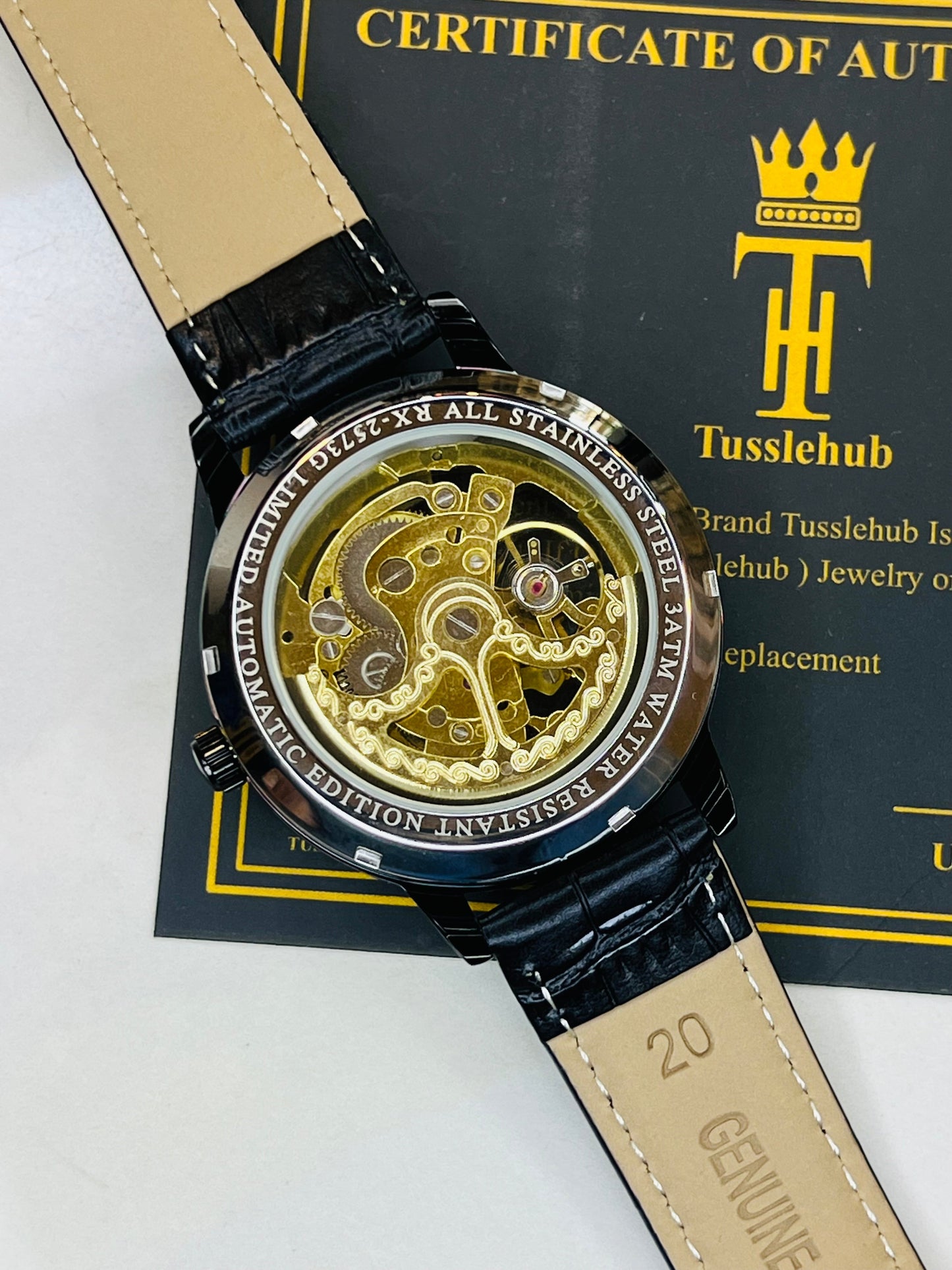 Leather Rol*x All Black Automatic Skeleton Watch