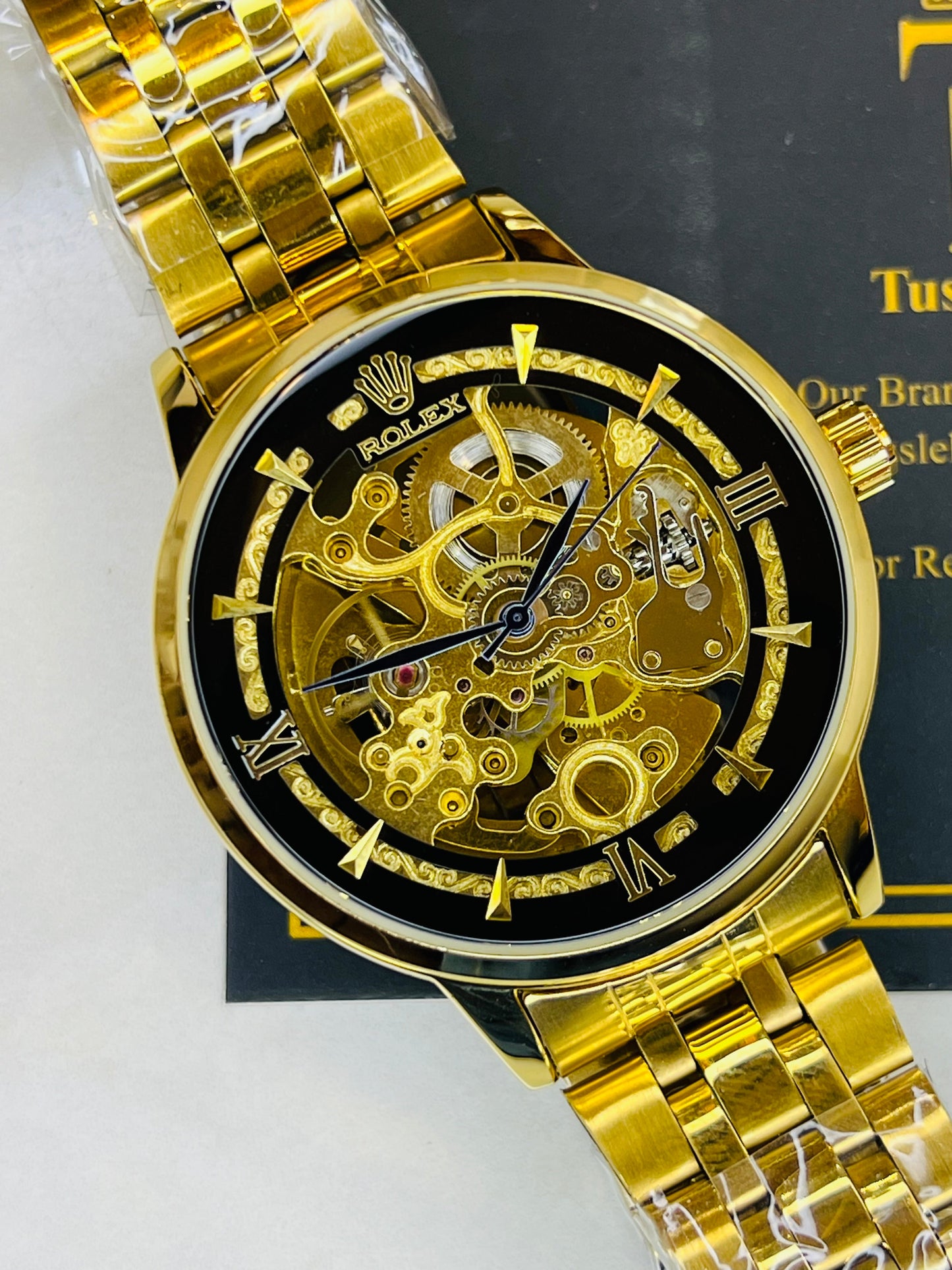 R-1 Gold Black Chain Strap Skeleton Automatic Watch