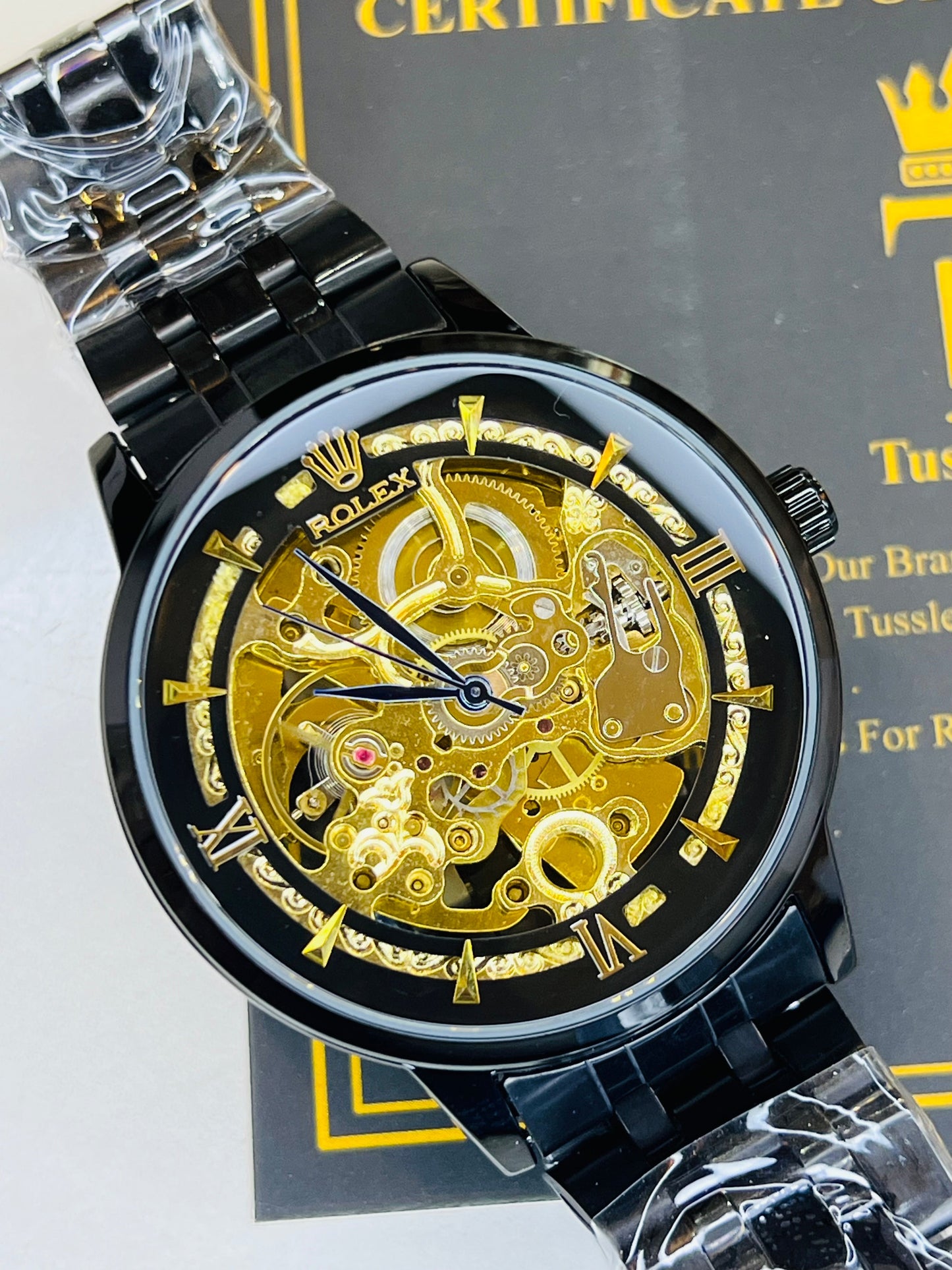 R-1 Black Gold Chain Strap Skeleton Automatic Watch