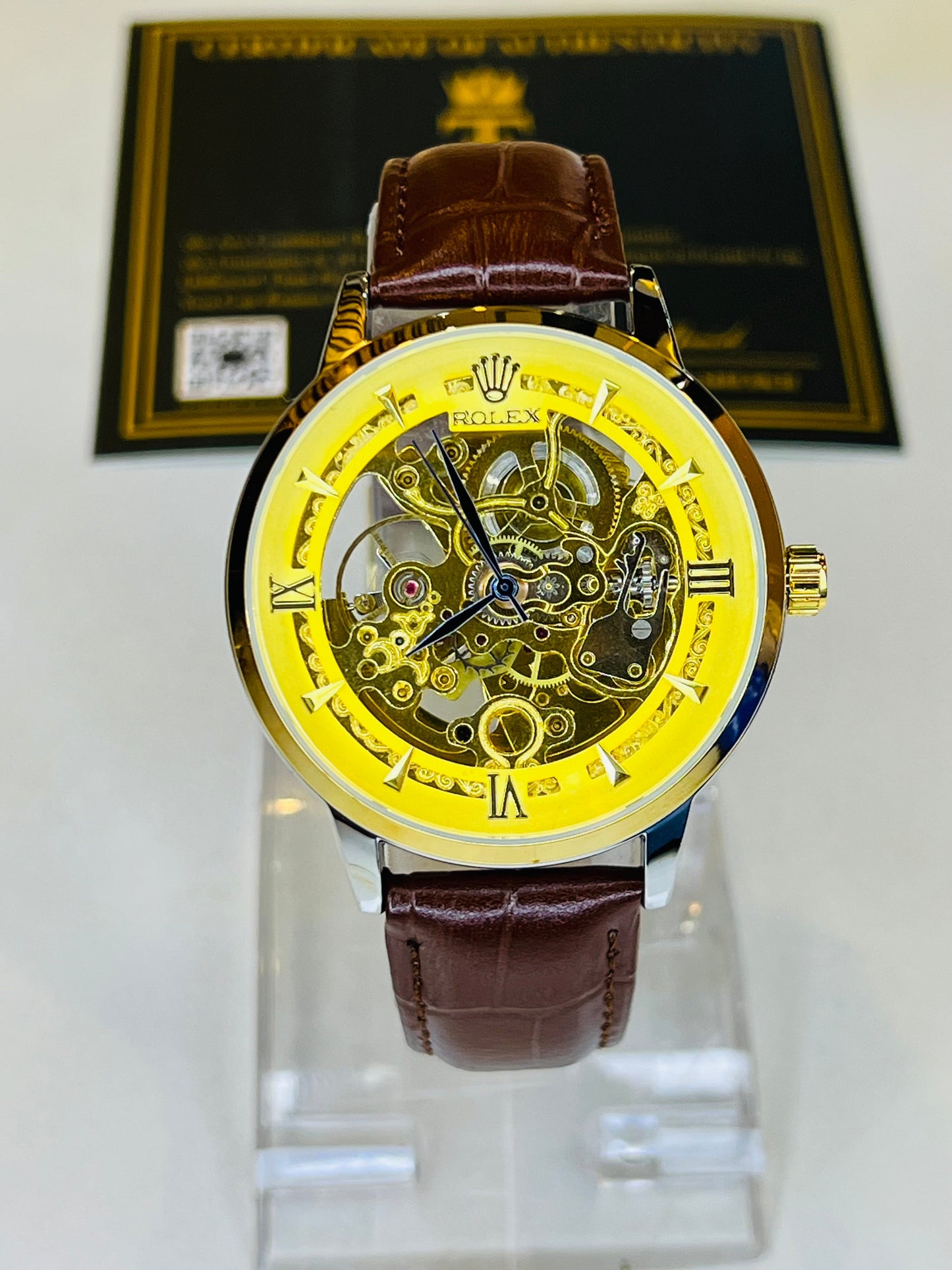 Leather Rol*x Brown Gold Automatic Skeleton Watch