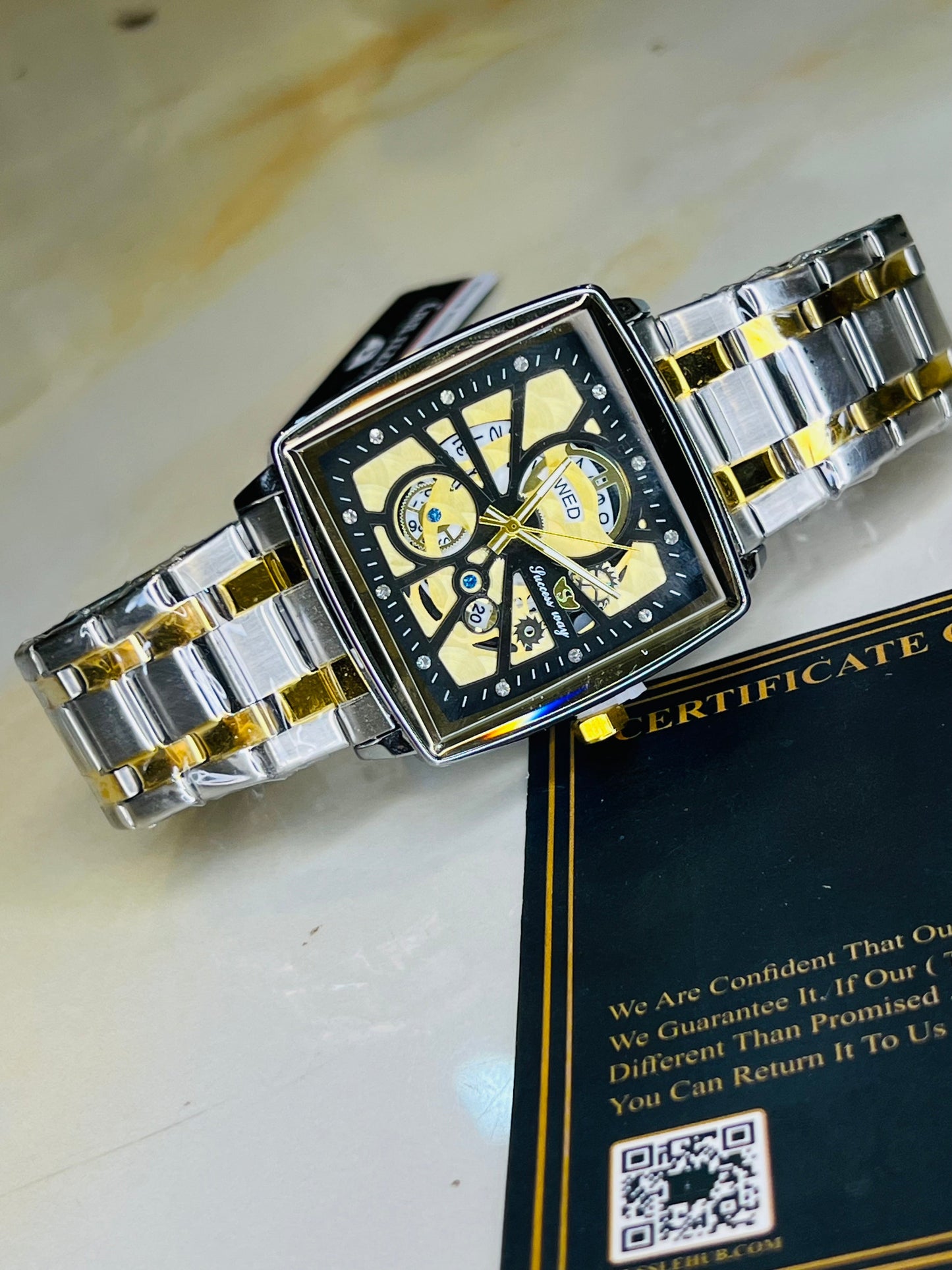 Success Way Two Tone Square Skeleton Dial Watch