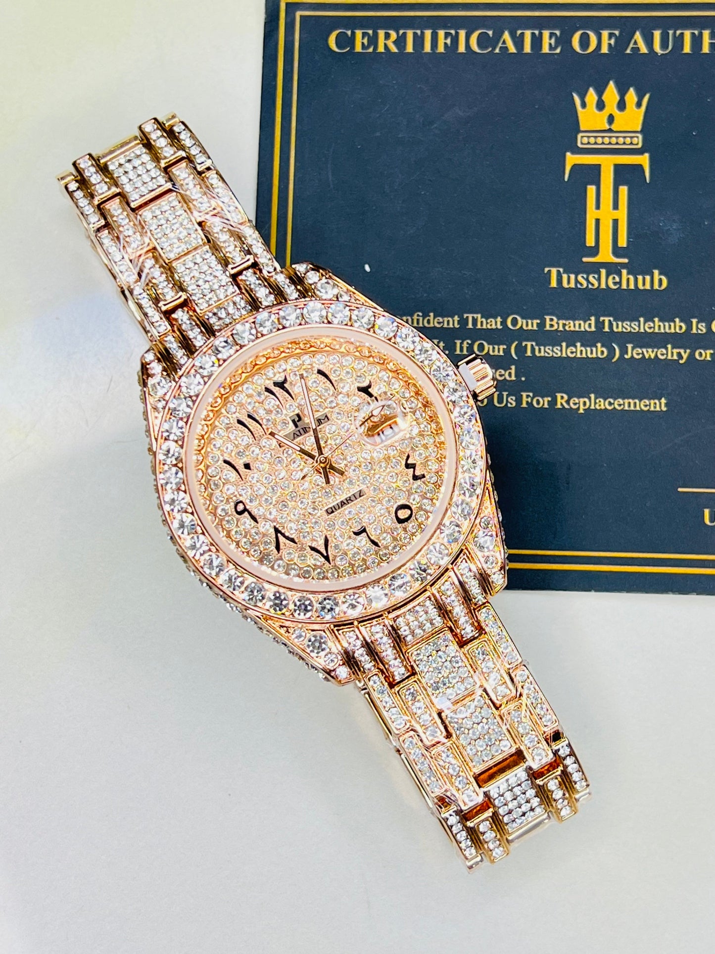 Rose Gold Iced Out Arabic Numeral Date-just Watch