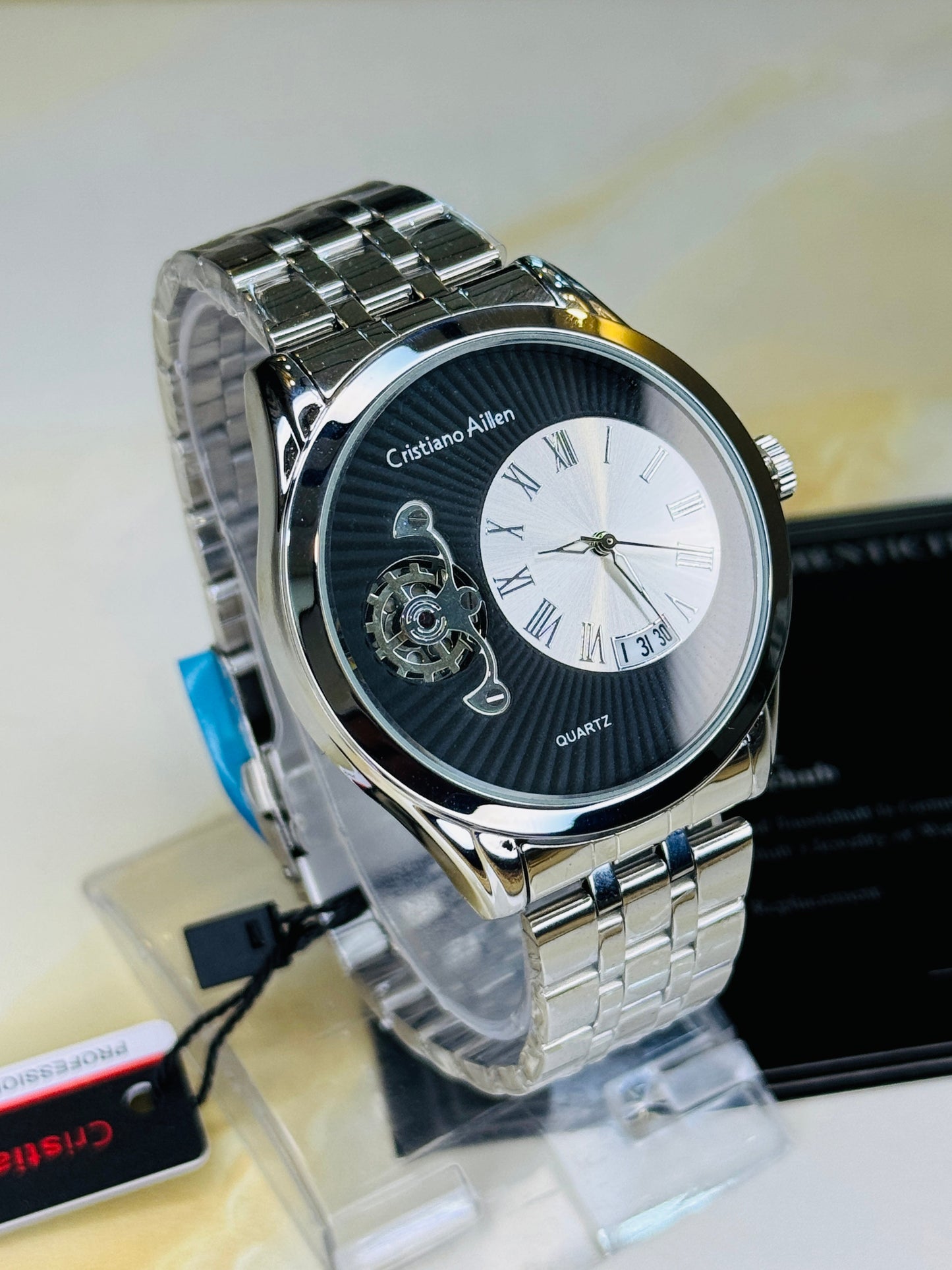 Silver Cristiano Aillen Black Spiral Gear Dial Watch