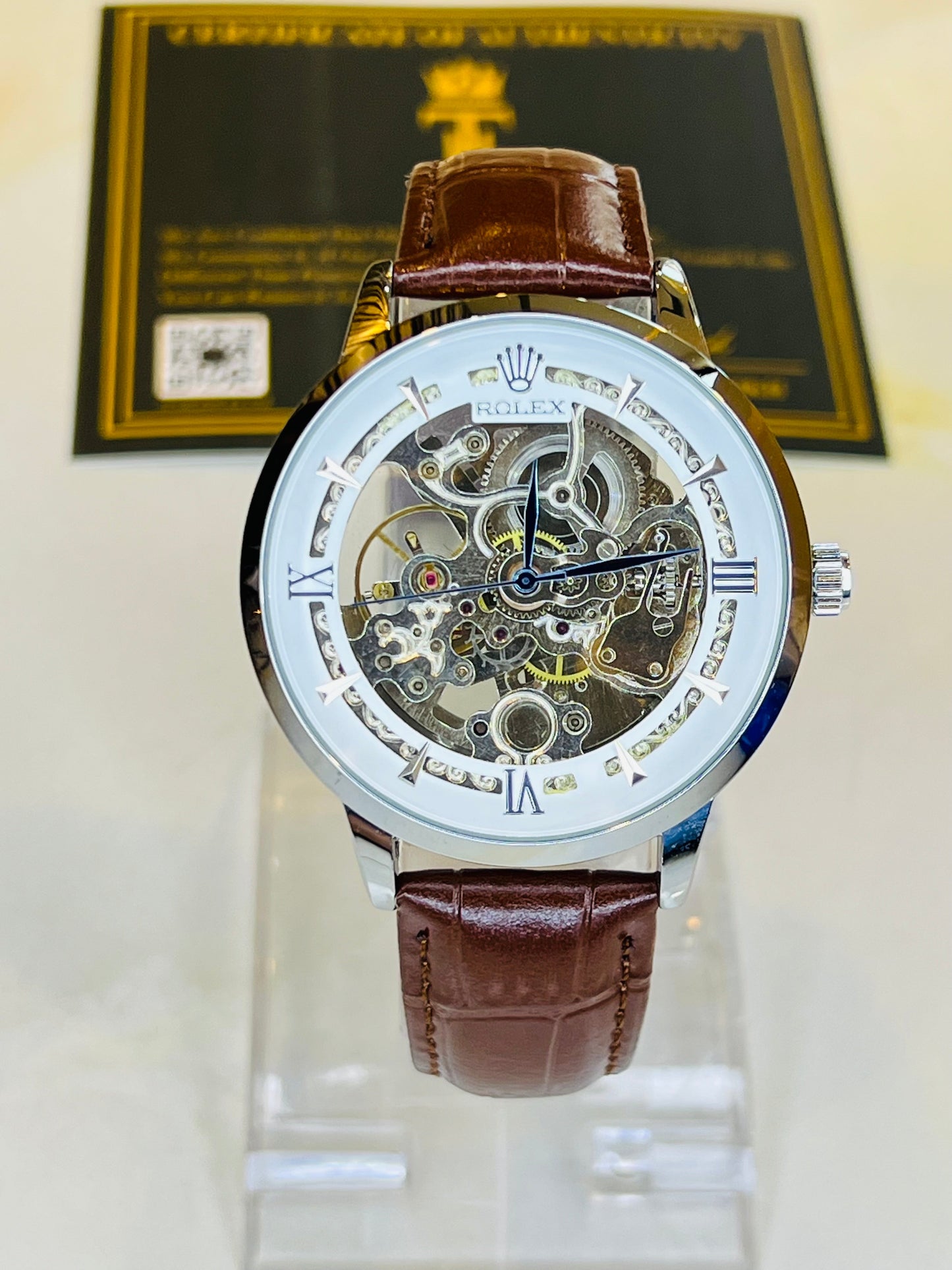 Leather Rol*x Brown White Automatic Skeleton Watch