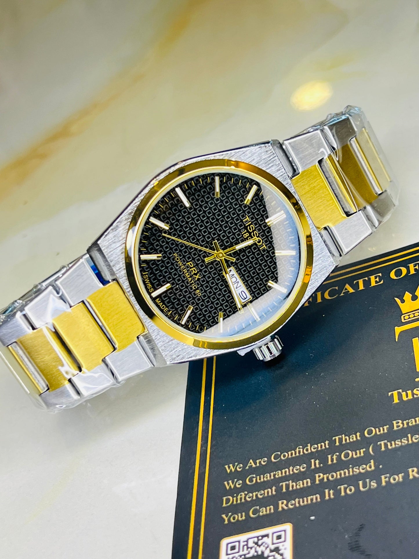 Tissot PRX Silver Gold With Black Textured Dial Watch