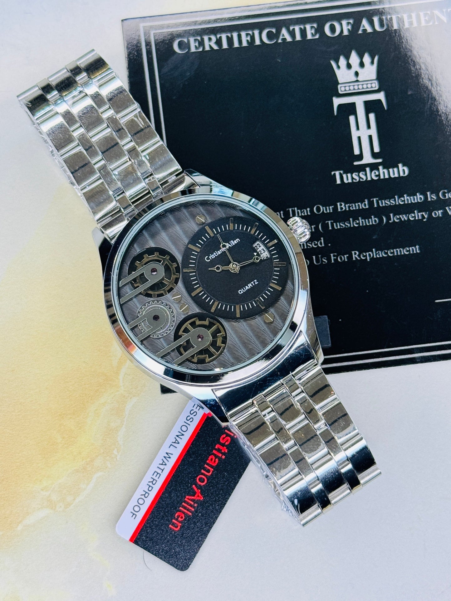 Silver Cristiano Aillen Black Dial Dual Gear Watch