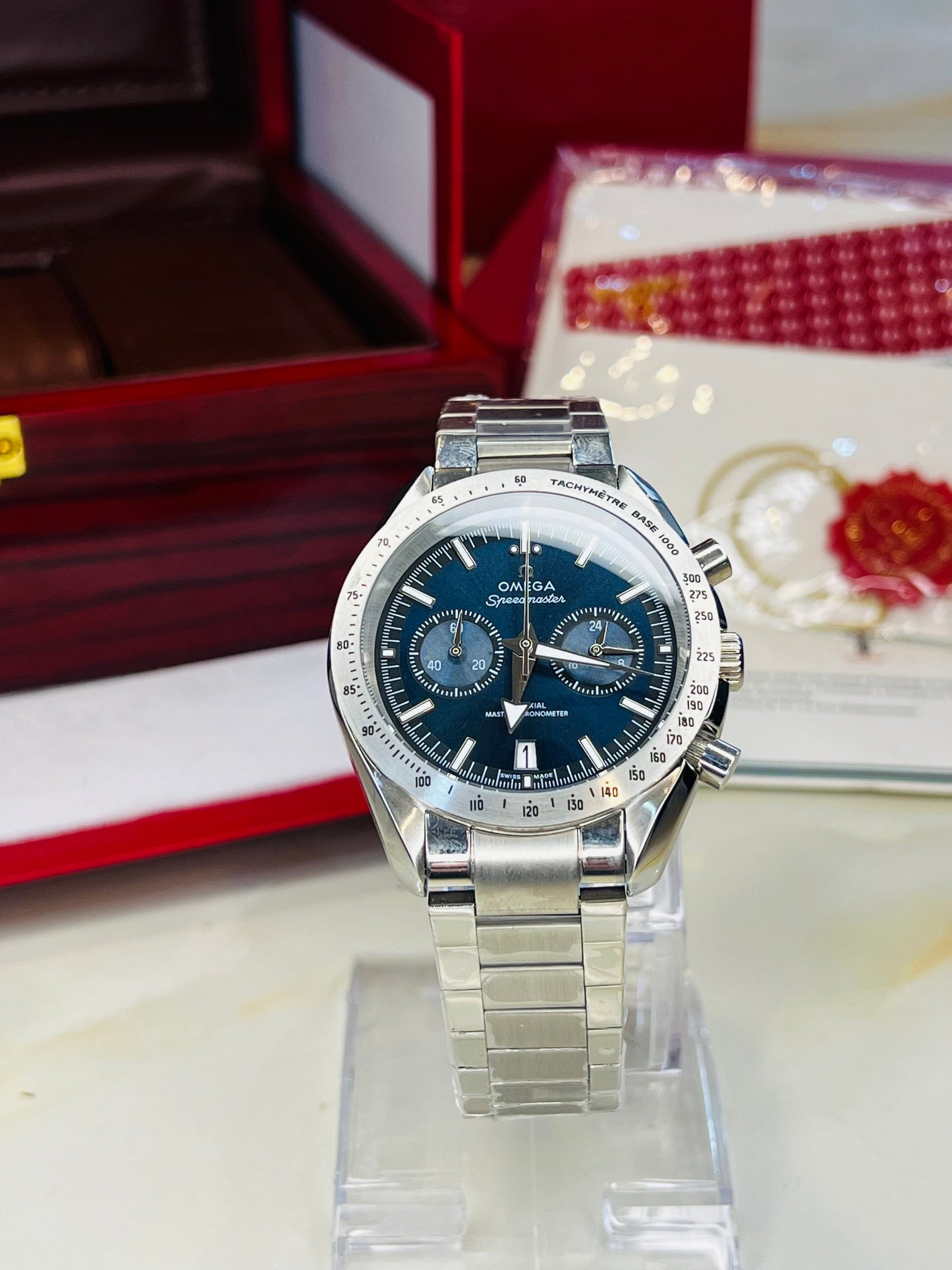 Speedmaster Aqua Dial Silver Automatic Master Clone Watch