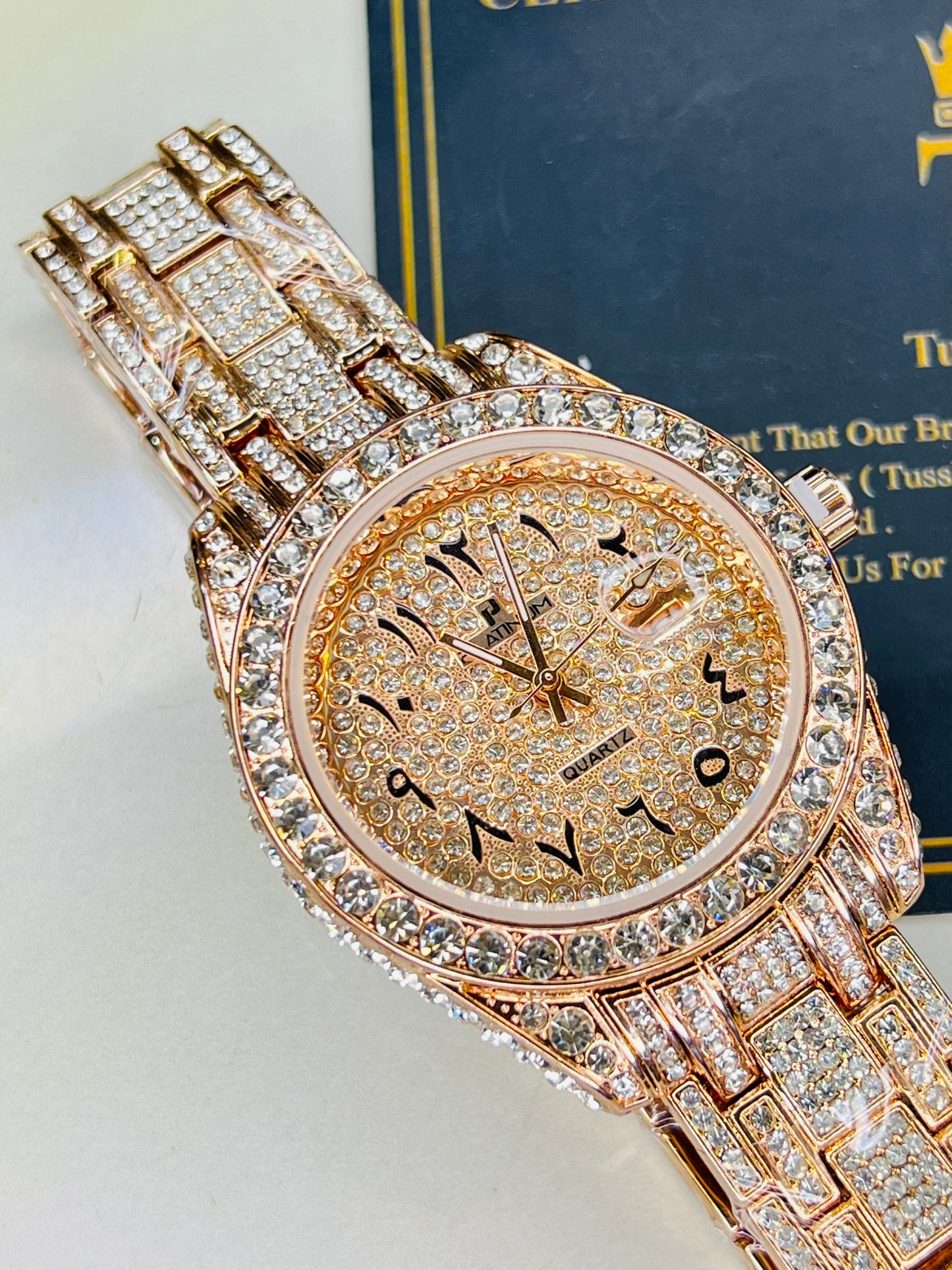 Rose Gold Iced Out Arabic Numeral Date-just Watch