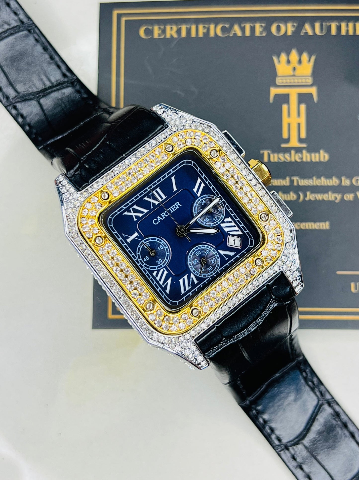 Premium Zircon Dial Black Navy Square Chronograph Watch