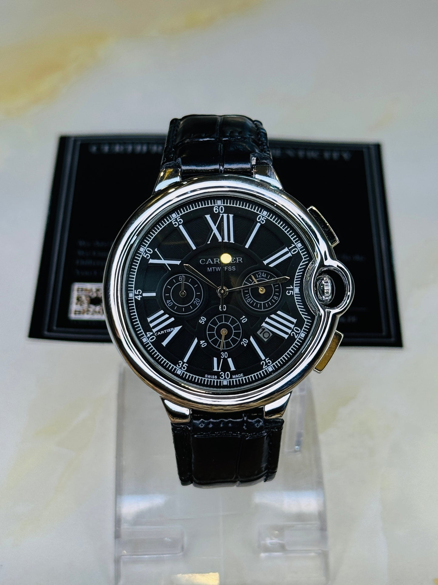C-1 All Black Leather Cart*er Chronograph Dial Watch