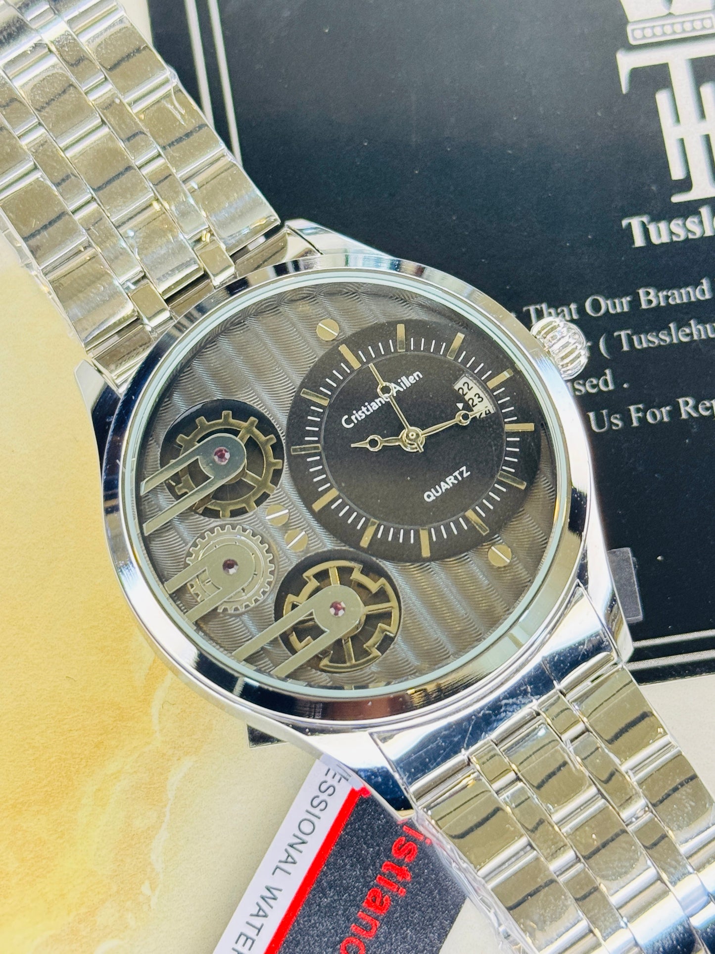 Silver Cristiano Aillen Black Dial Dual Gear Watch