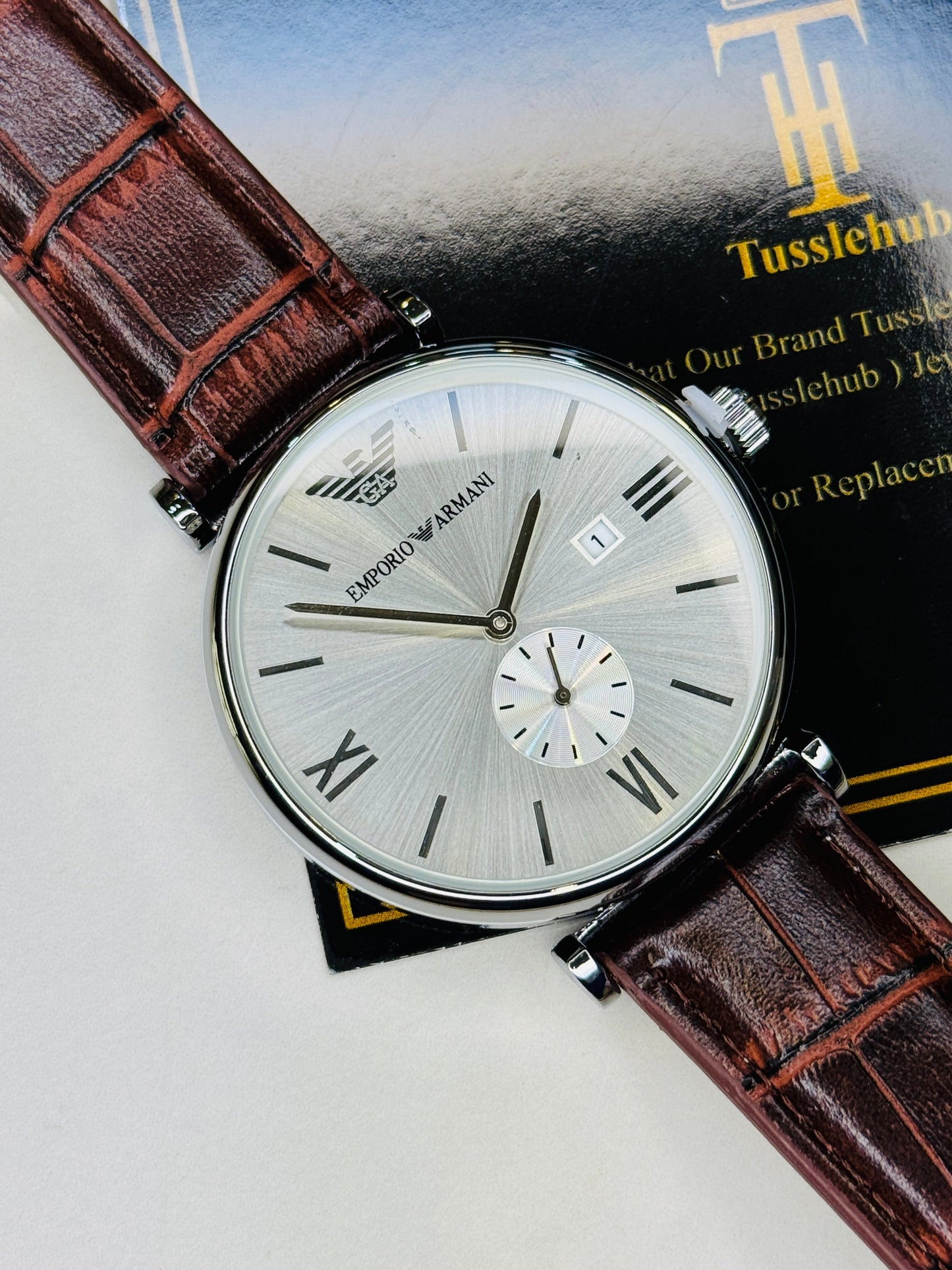 Brown Silver Emporio Down Second Watch