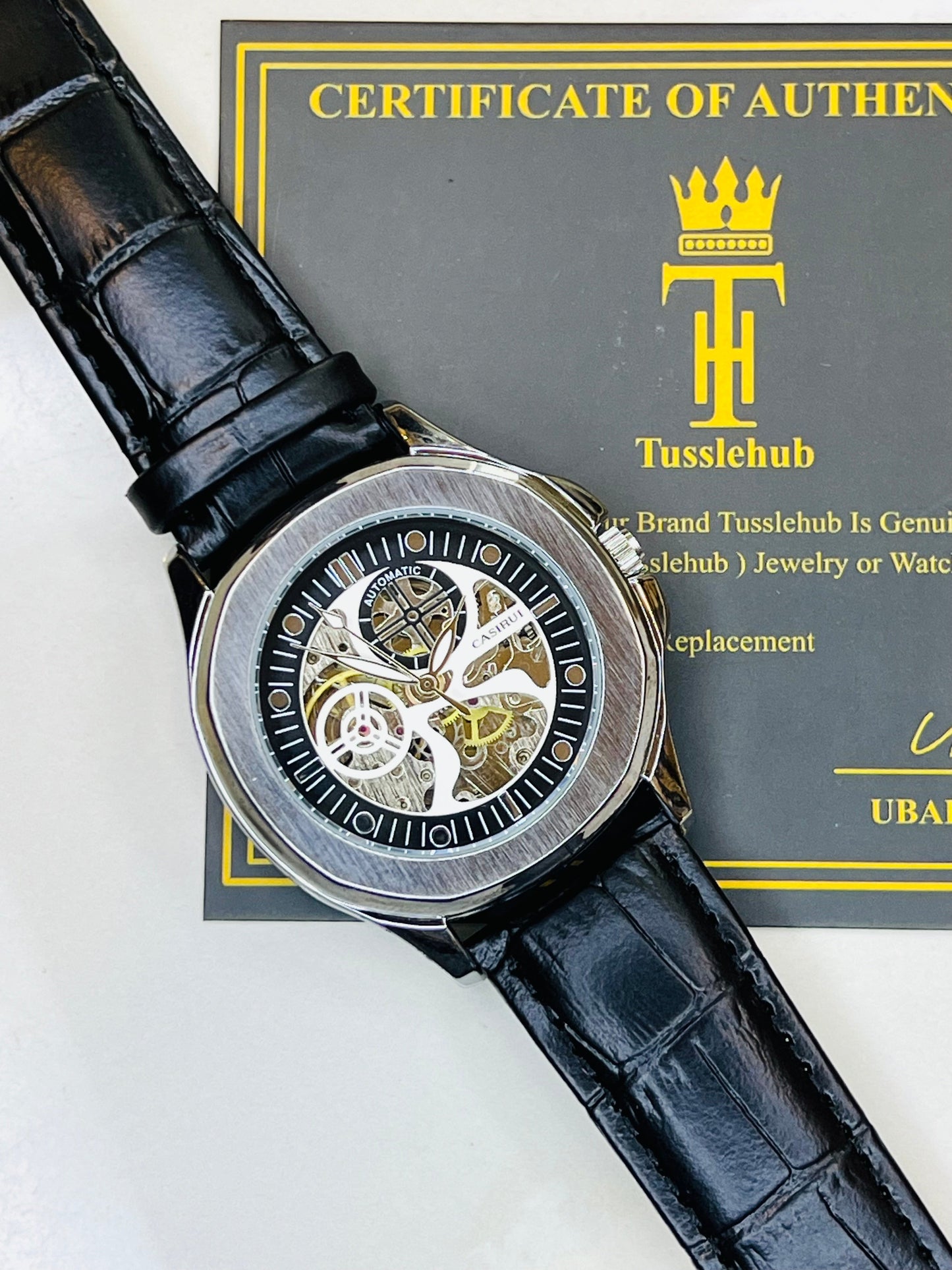 Casirui Black Silver Automatic Skeleton Leather watch