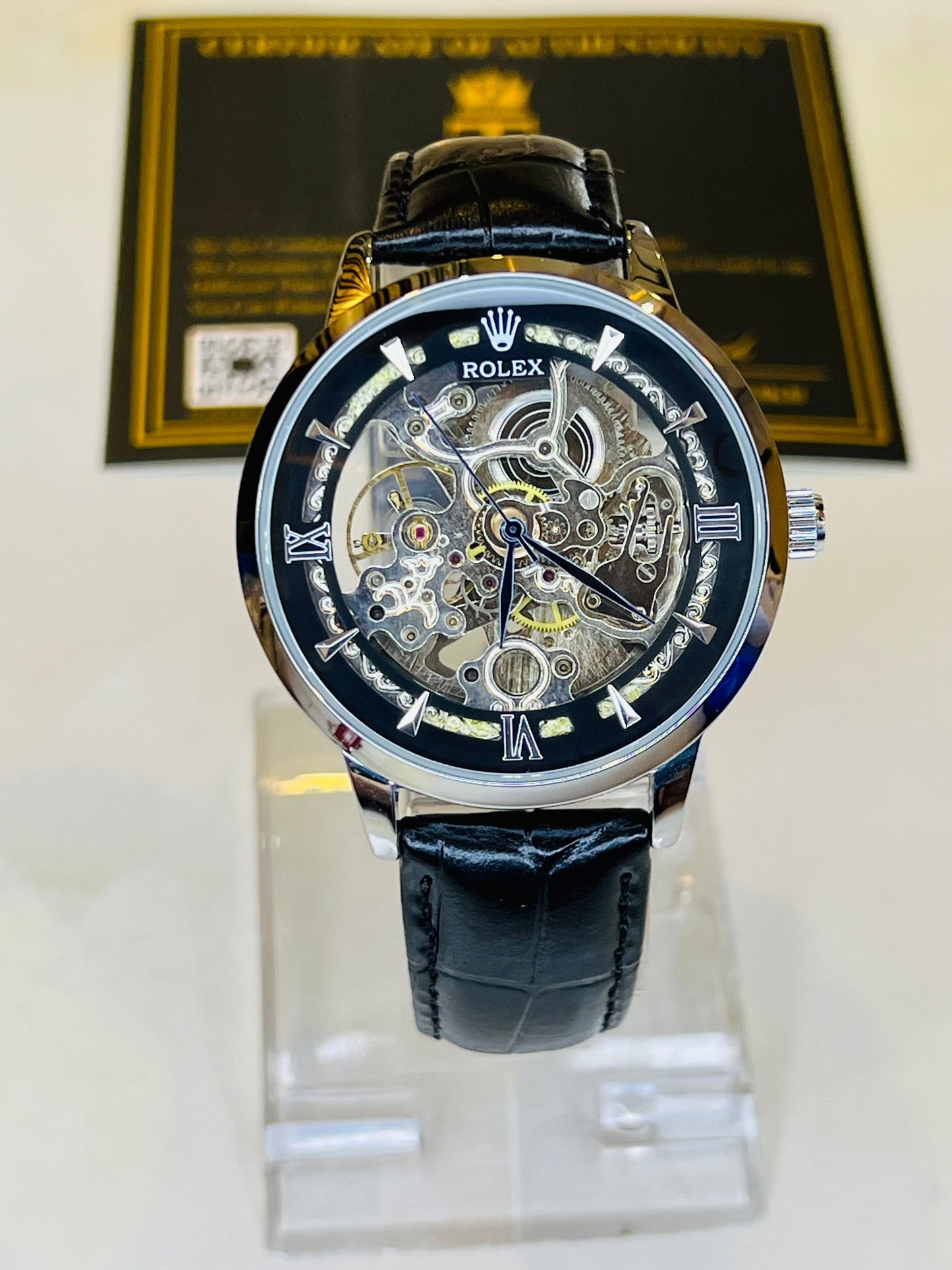 Leather Rol*x Black Silver Automatic Skeleton Watch