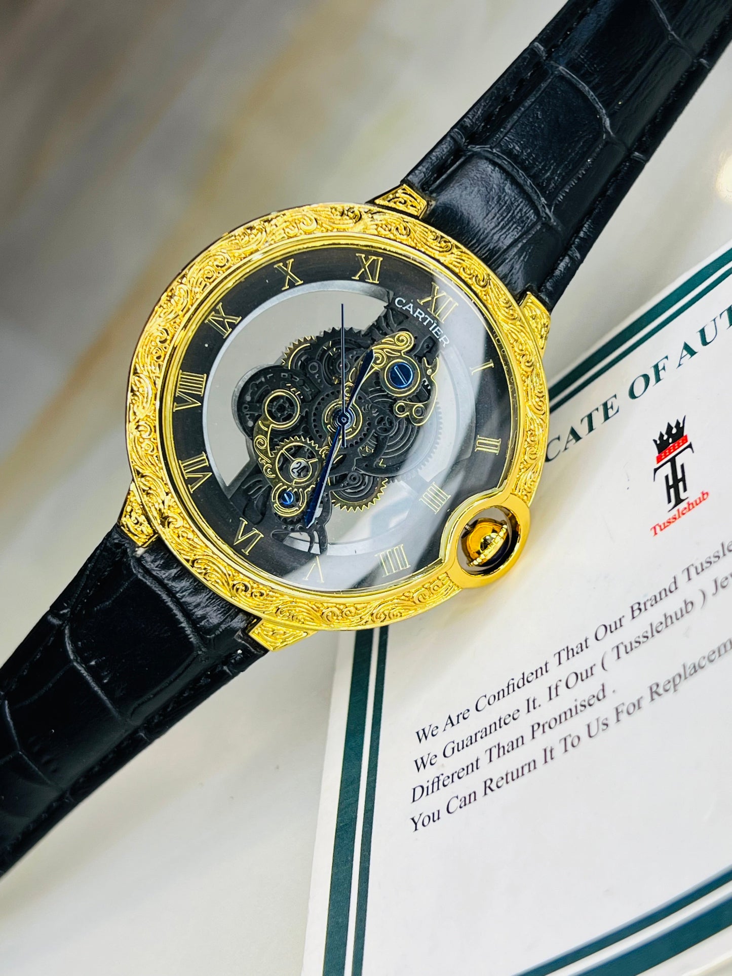 Black Gold Engraved Skeleton Dial Watch