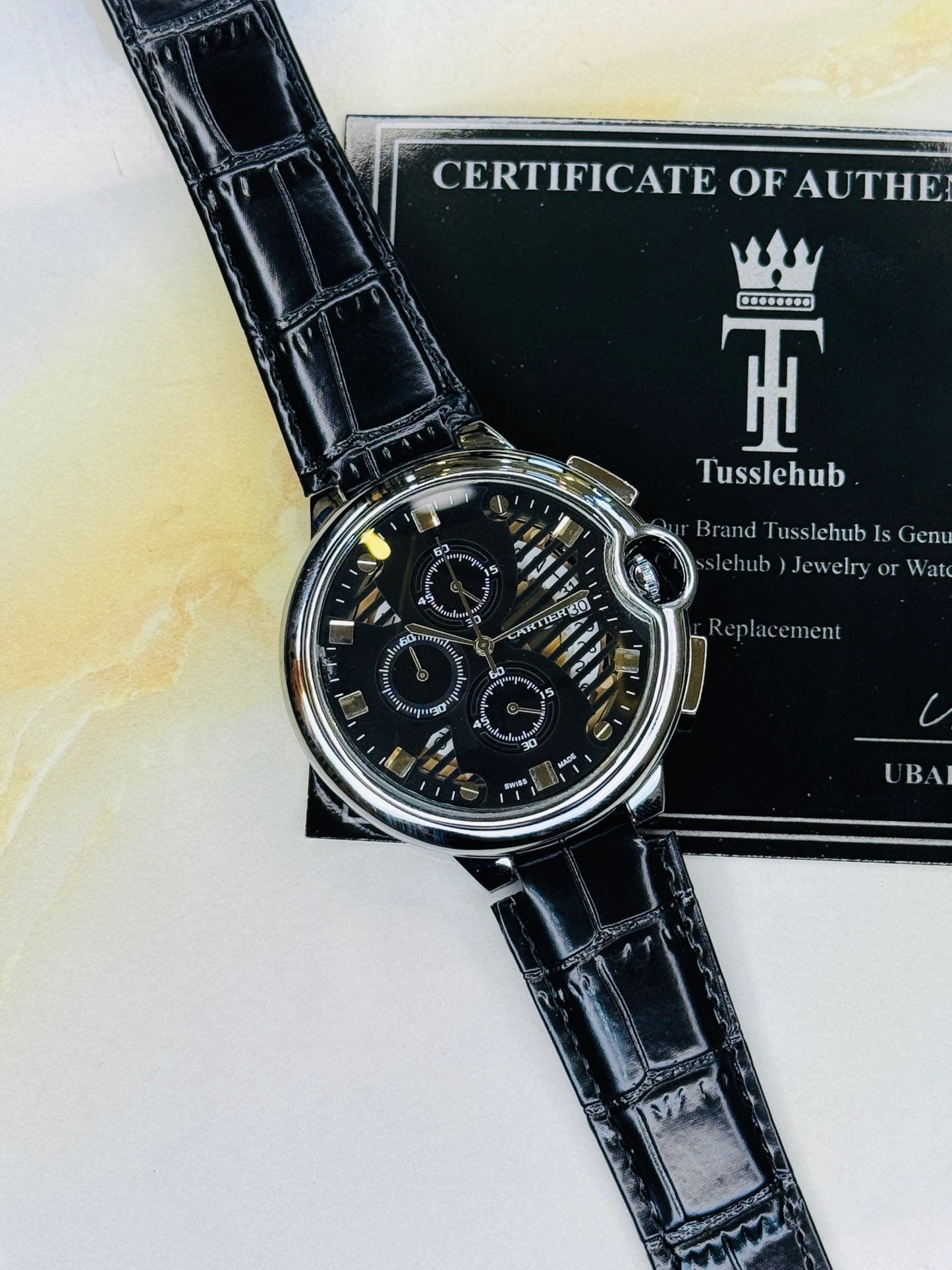 C-2 All Black Leather Cart*er Chronograph Dial Watch