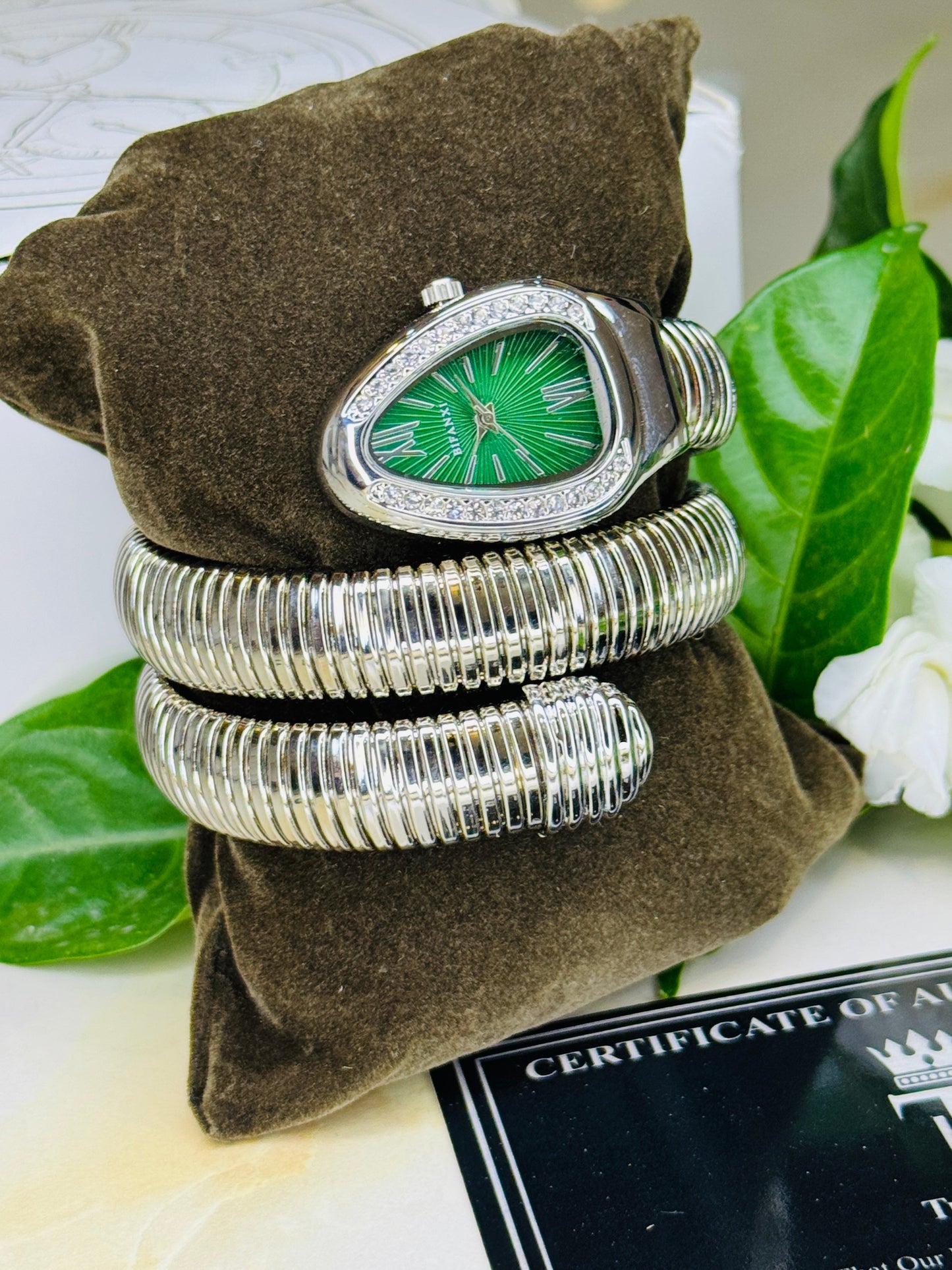 Silver Emerald Serpentine Watch For Her