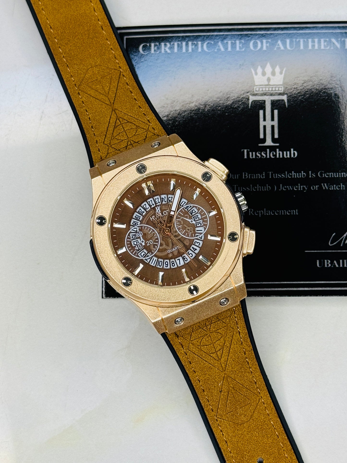 Camel Brown Hologram Hublot Leather Strap Watch