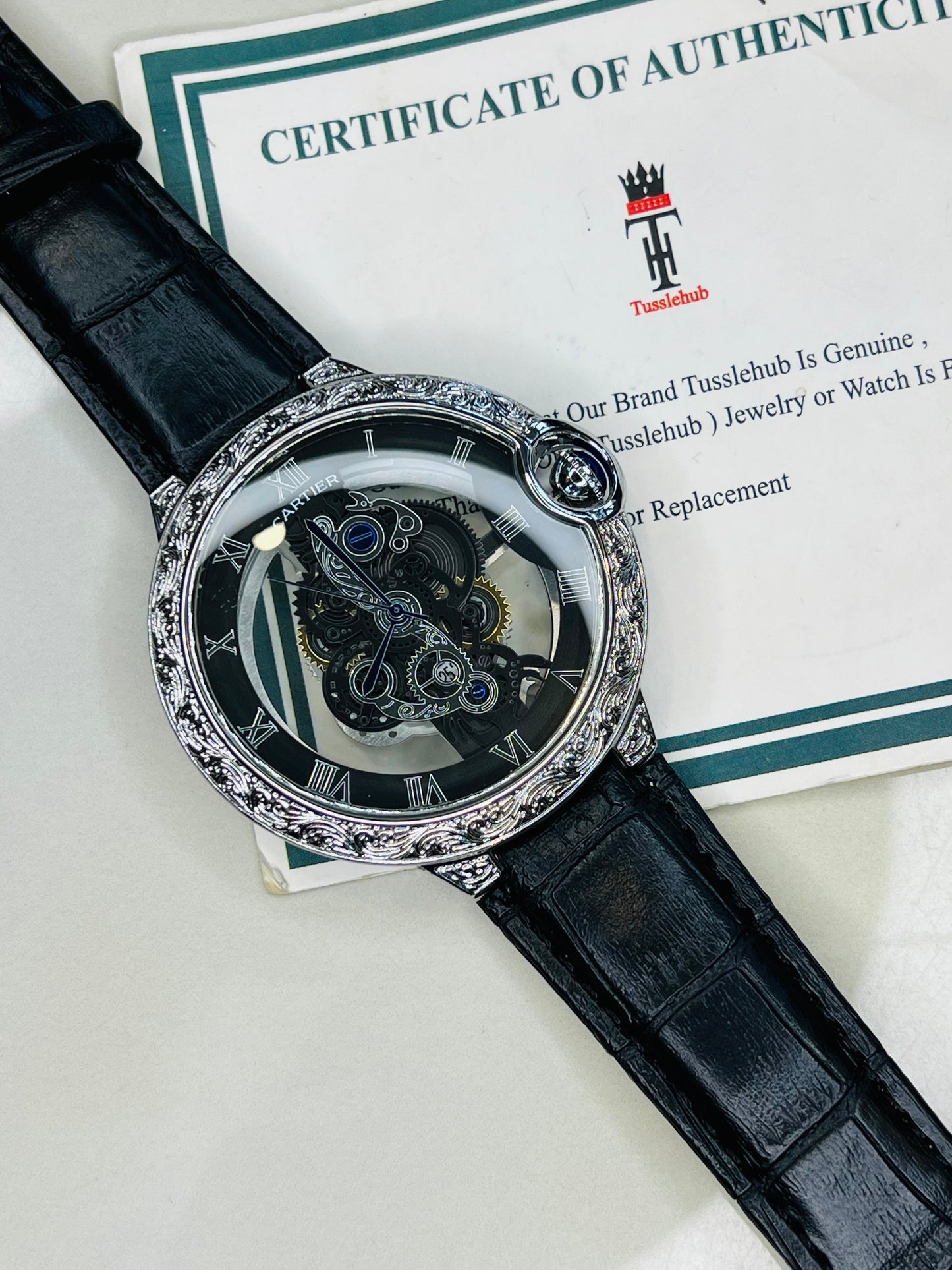 Black Silver Engraved Skeleton Dial Watch