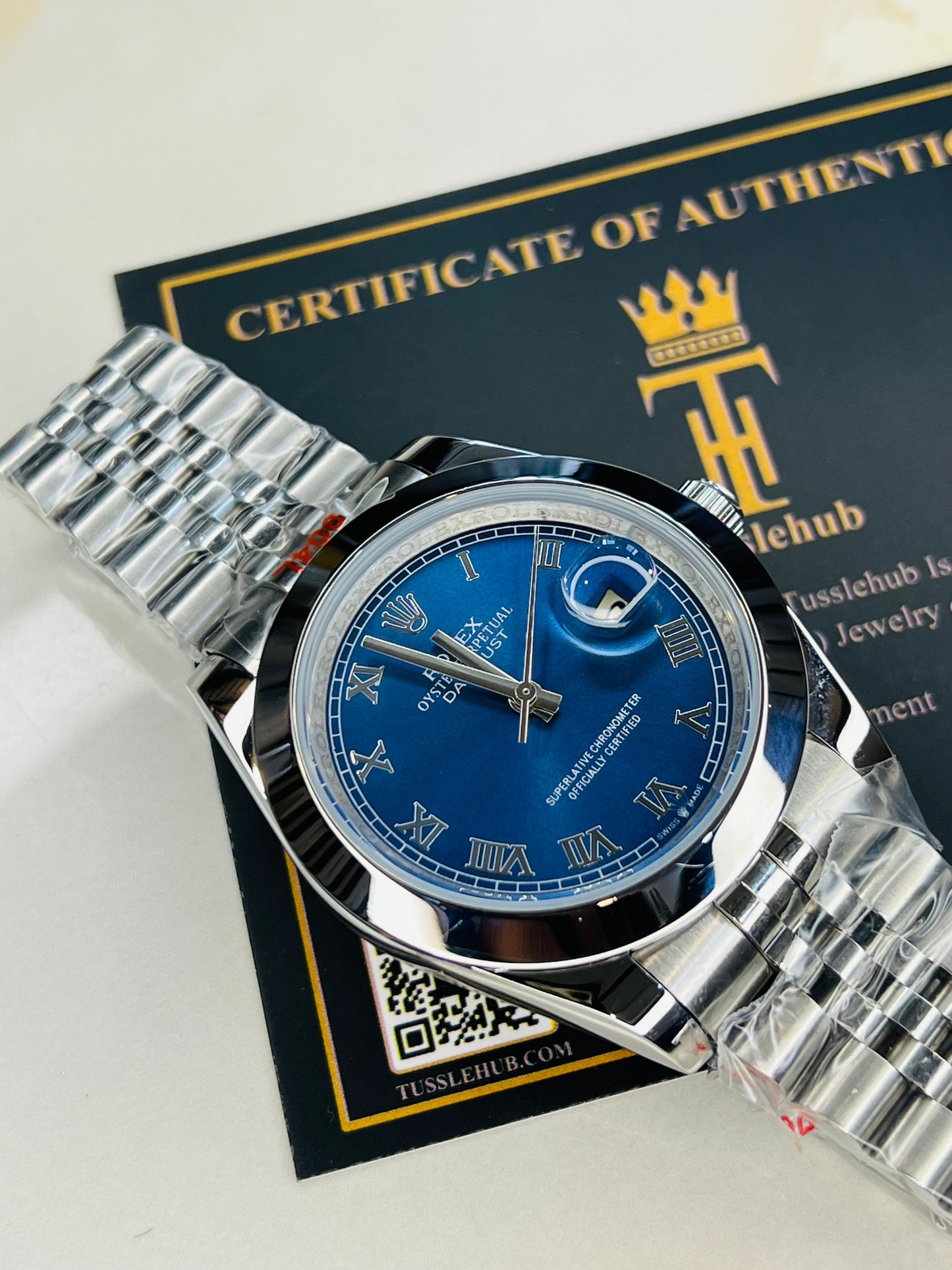 Roman Date Just Silver Blue Plain Bezel Automatic Watch