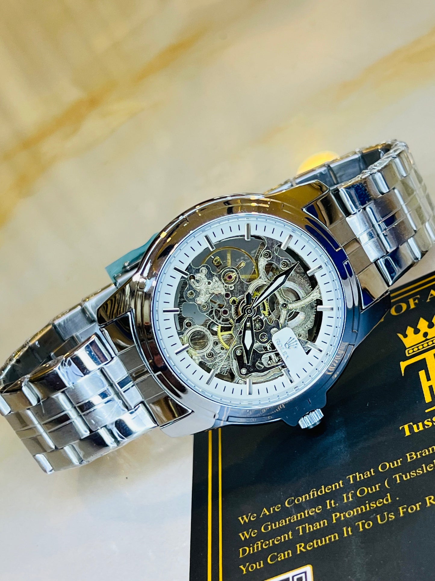 R-2 Silver White Chain Strap Skeleton Automatic Watch