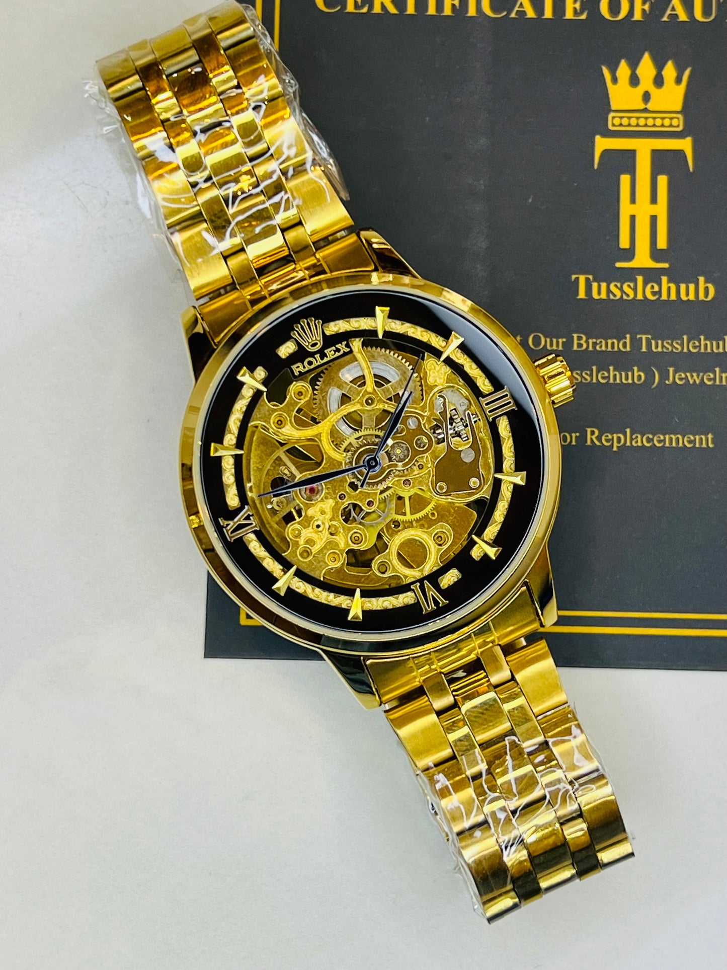 R-1 Gold Black Chain Strap Skeleton Automatic Watch
