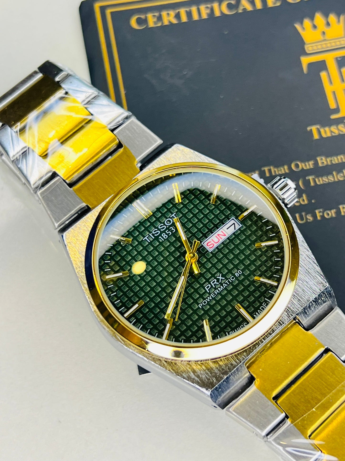 Tissot PRX Silver Gold With Green Textured Dial Watch