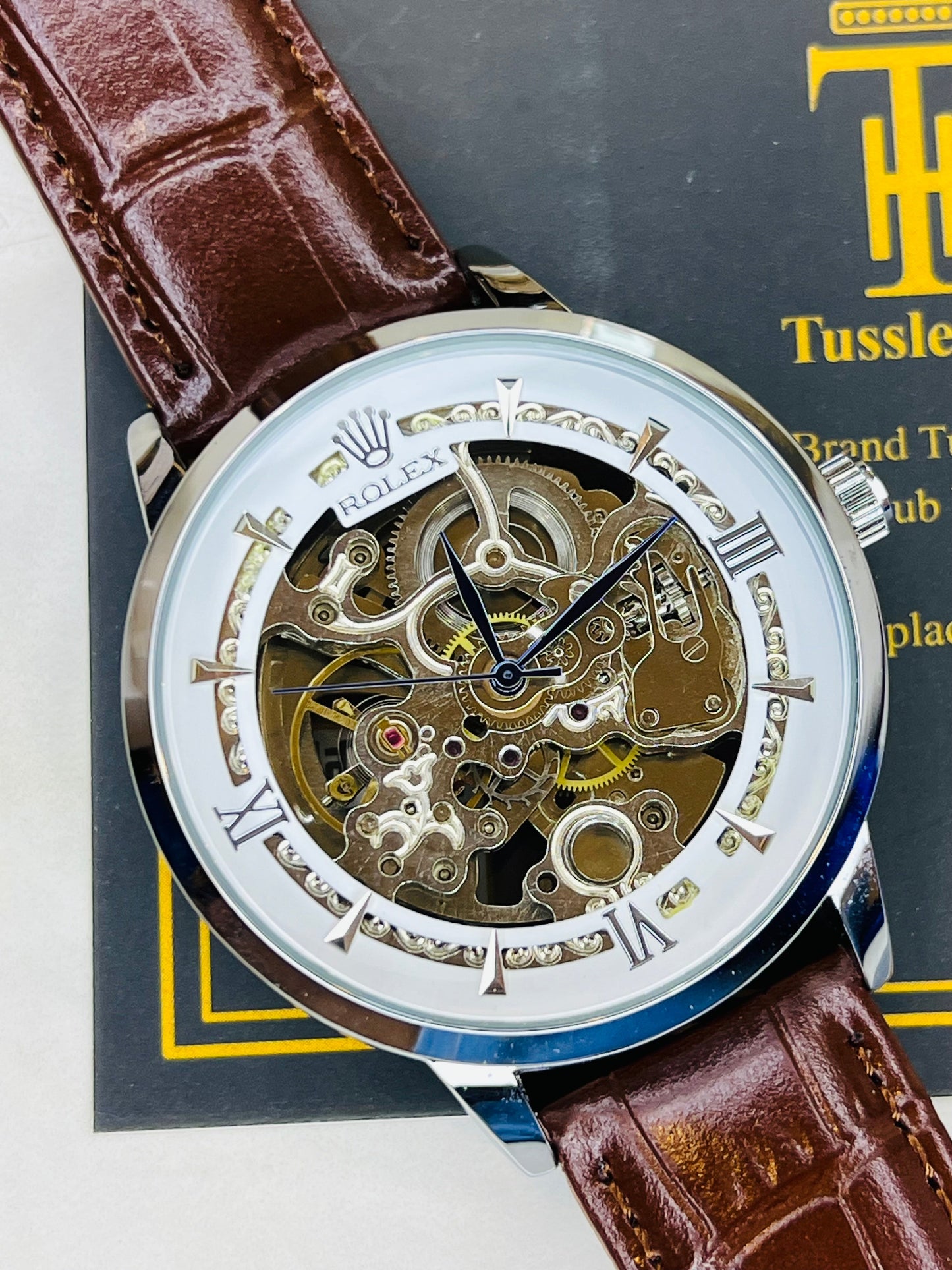Leather Rol*x Brown White Automatic Skeleton Watch