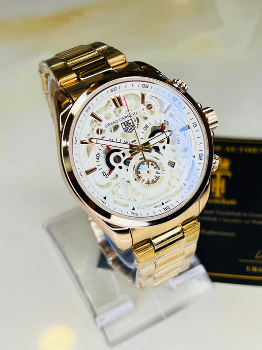Rose Gold White Grand Carrera Chain Strap Chronographs  Watch