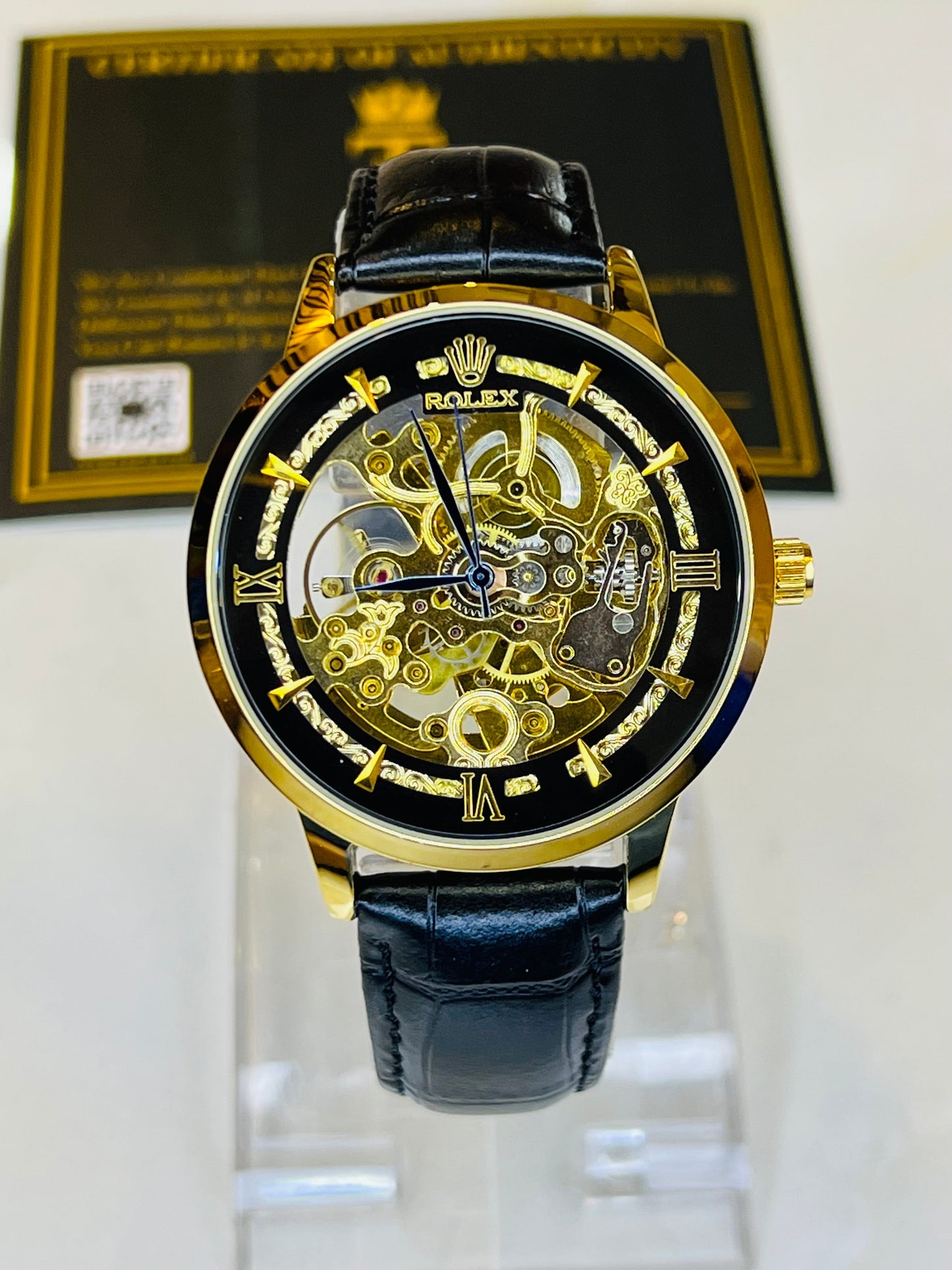 Leather Rol*x Black Gold Automatic Skeleton Watch