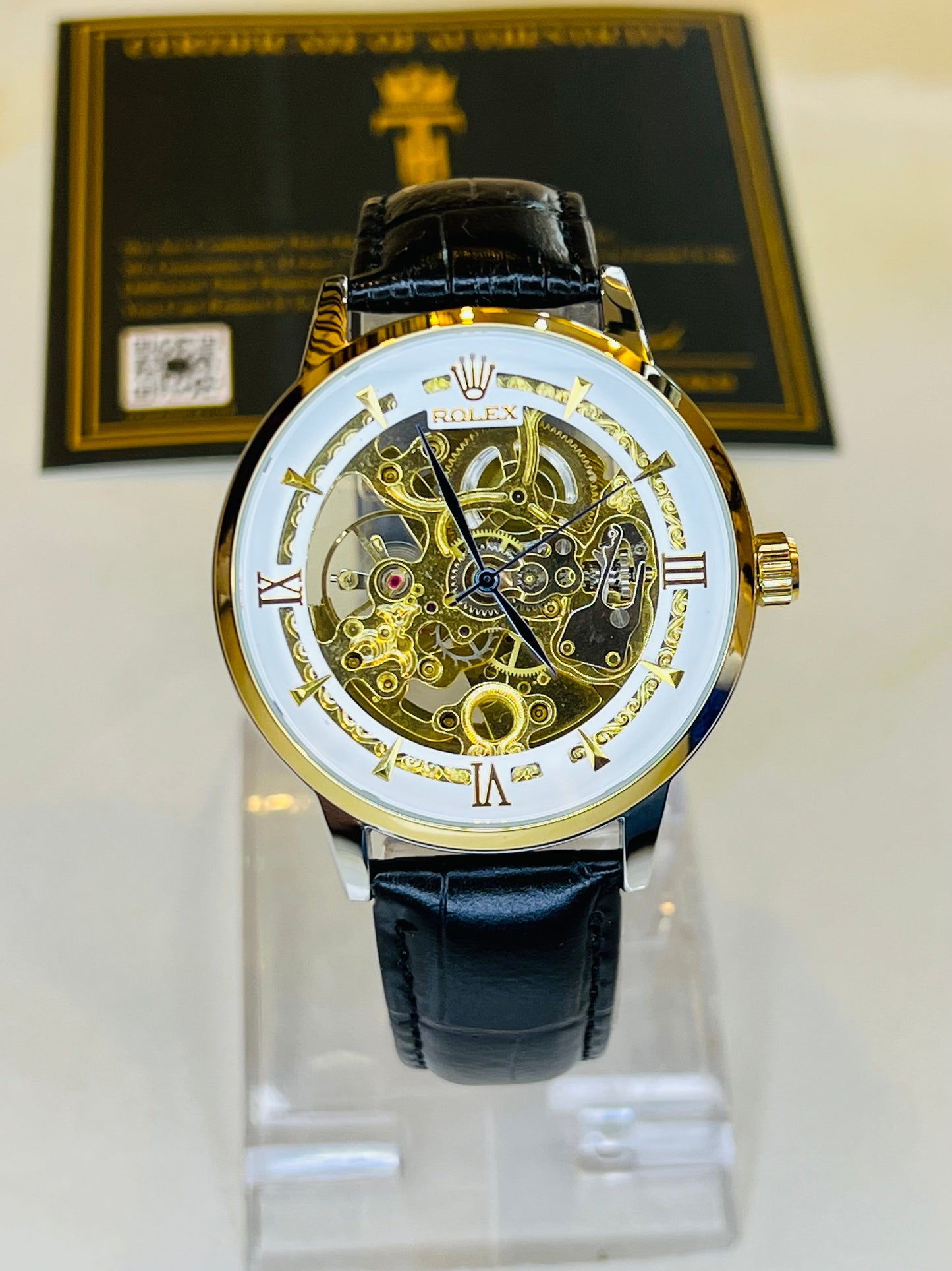 Leather Rol*x Black White Automatic Skeleton Watch