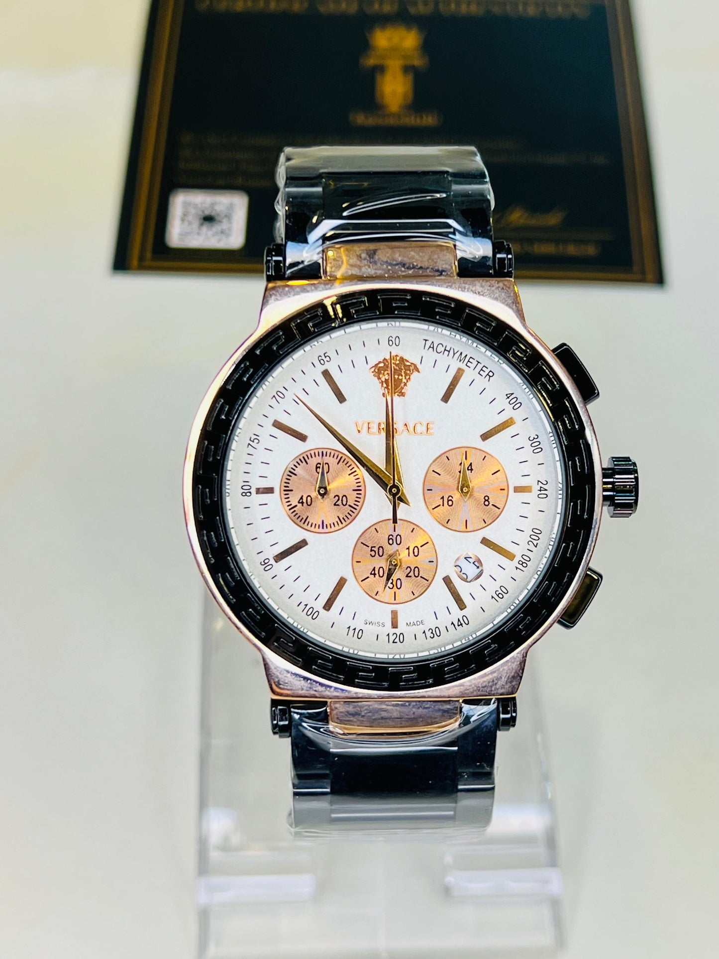 Black Copper Versace White Chronograph Dial Watch