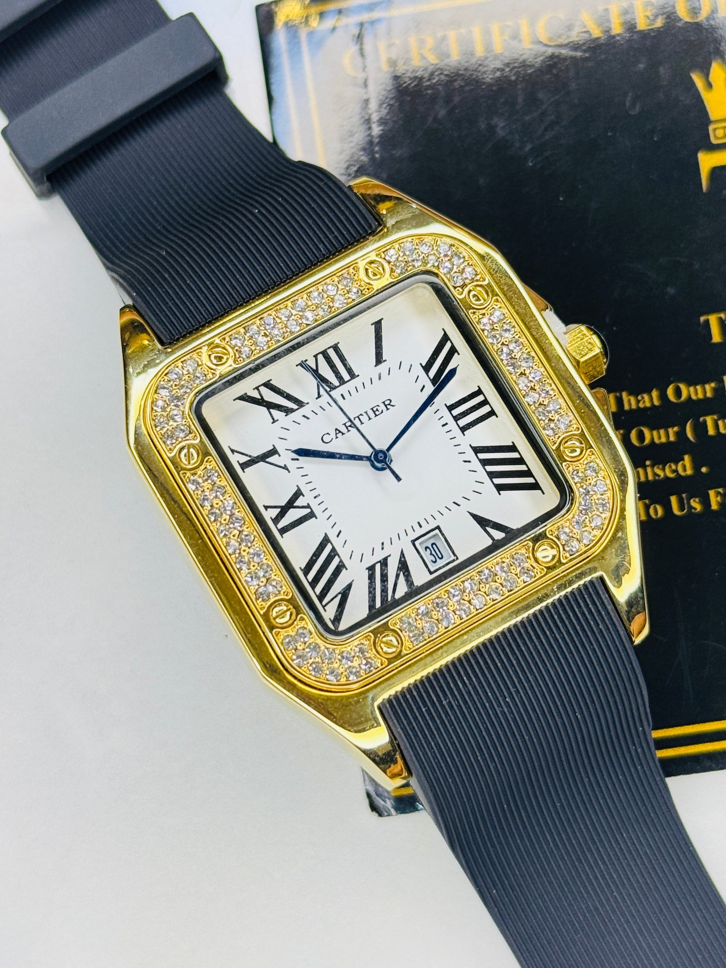 Gold White Iced Tank Silicon Cartier Watch