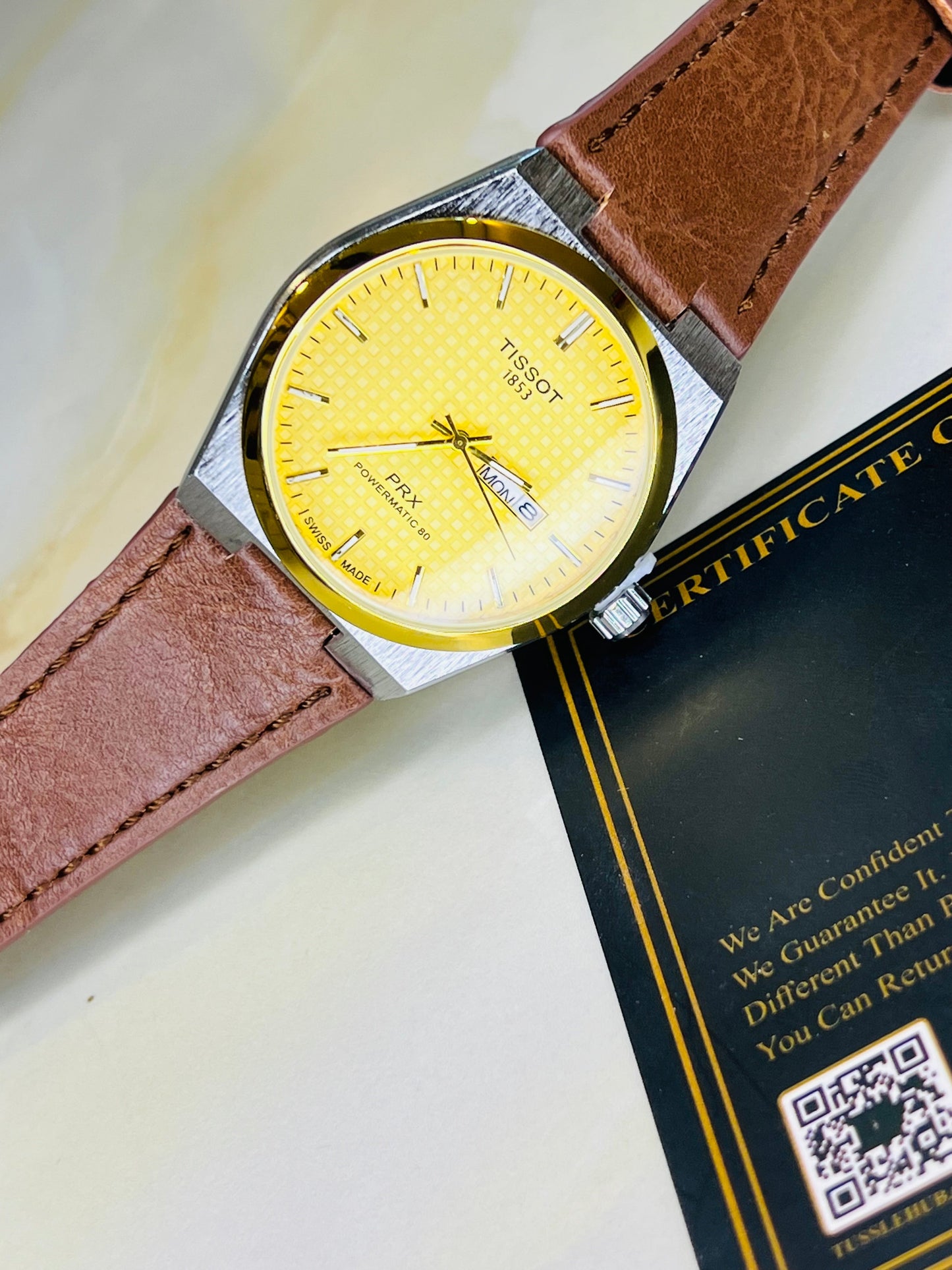 Brown Leather Strapped Tissot PRX Silver Gold Dial Watch