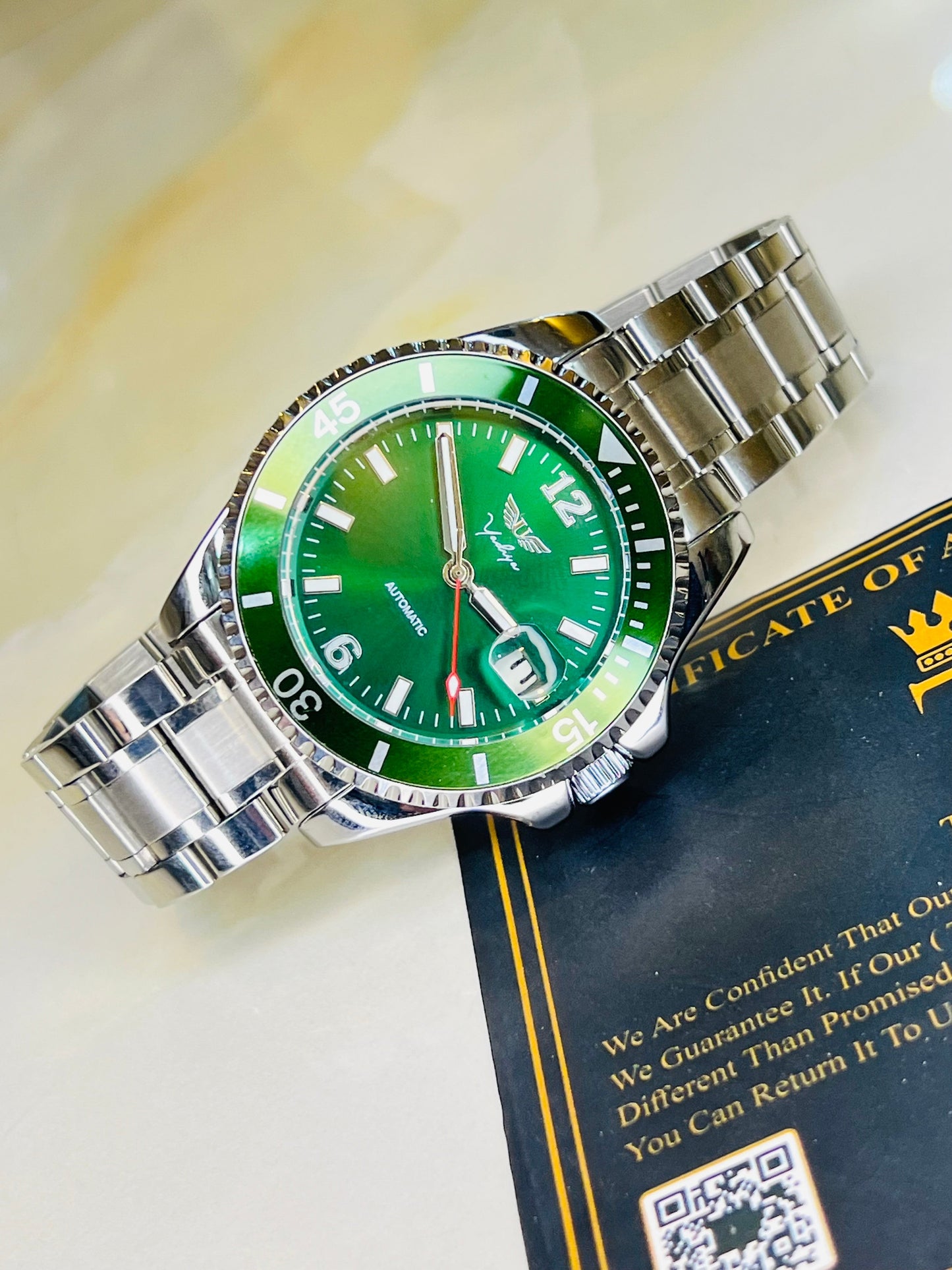 Silver Emerald Auto Movement Chronograph Watch