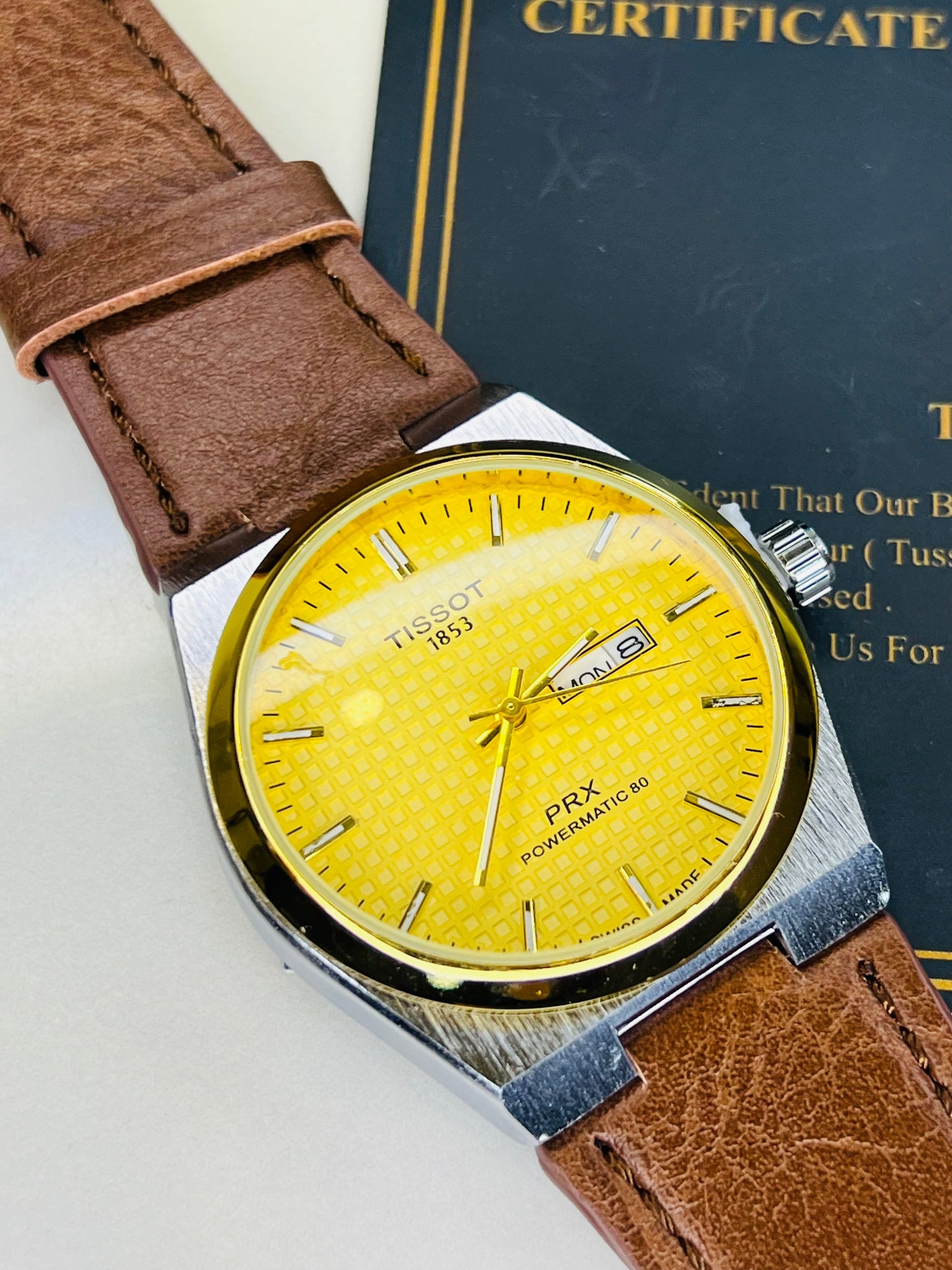 Brown Leather Strapped Tissot PRX Silver Gold Dial Watch