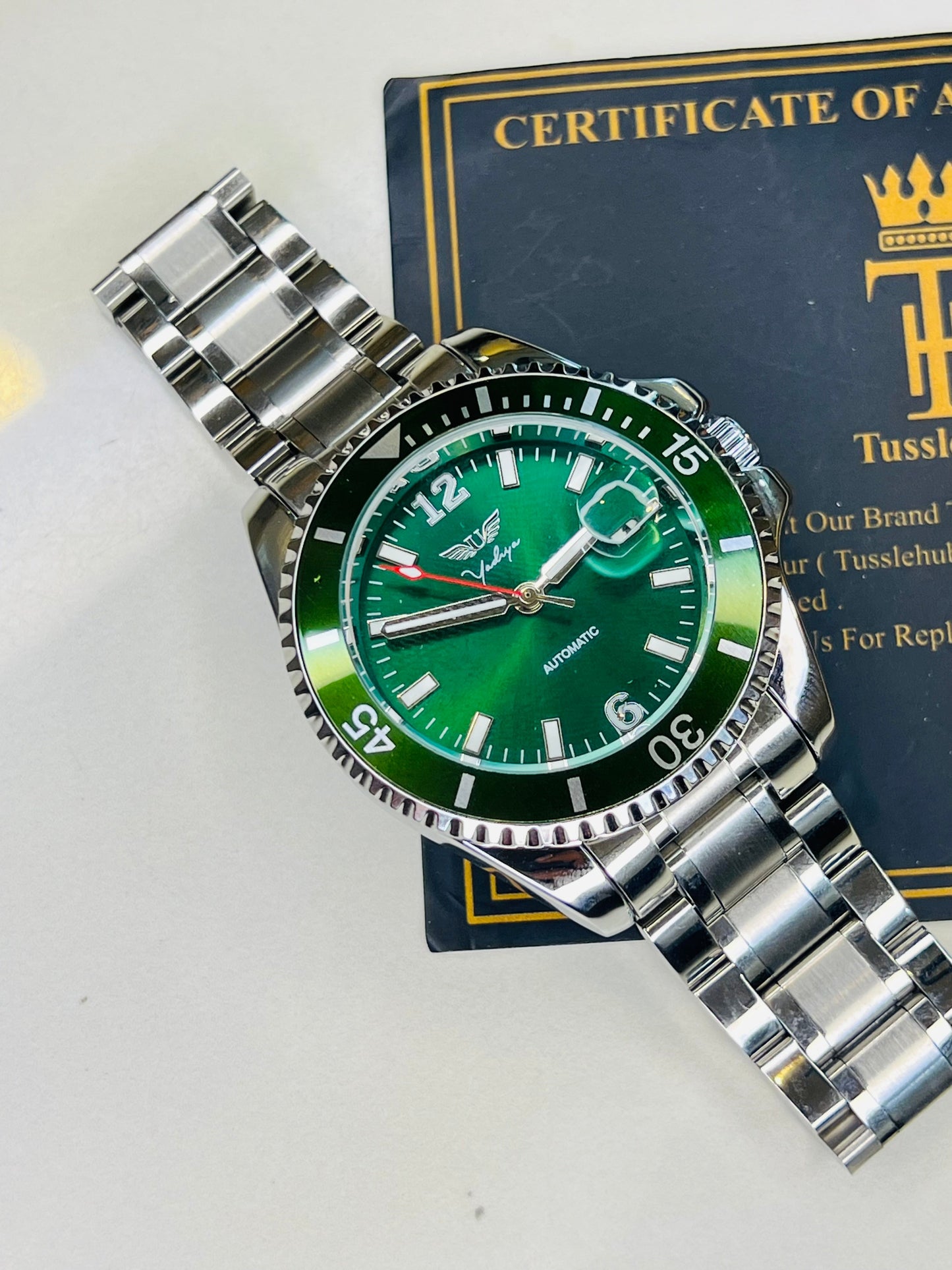 Silver Emerald Auto Movement Chronograph Watch