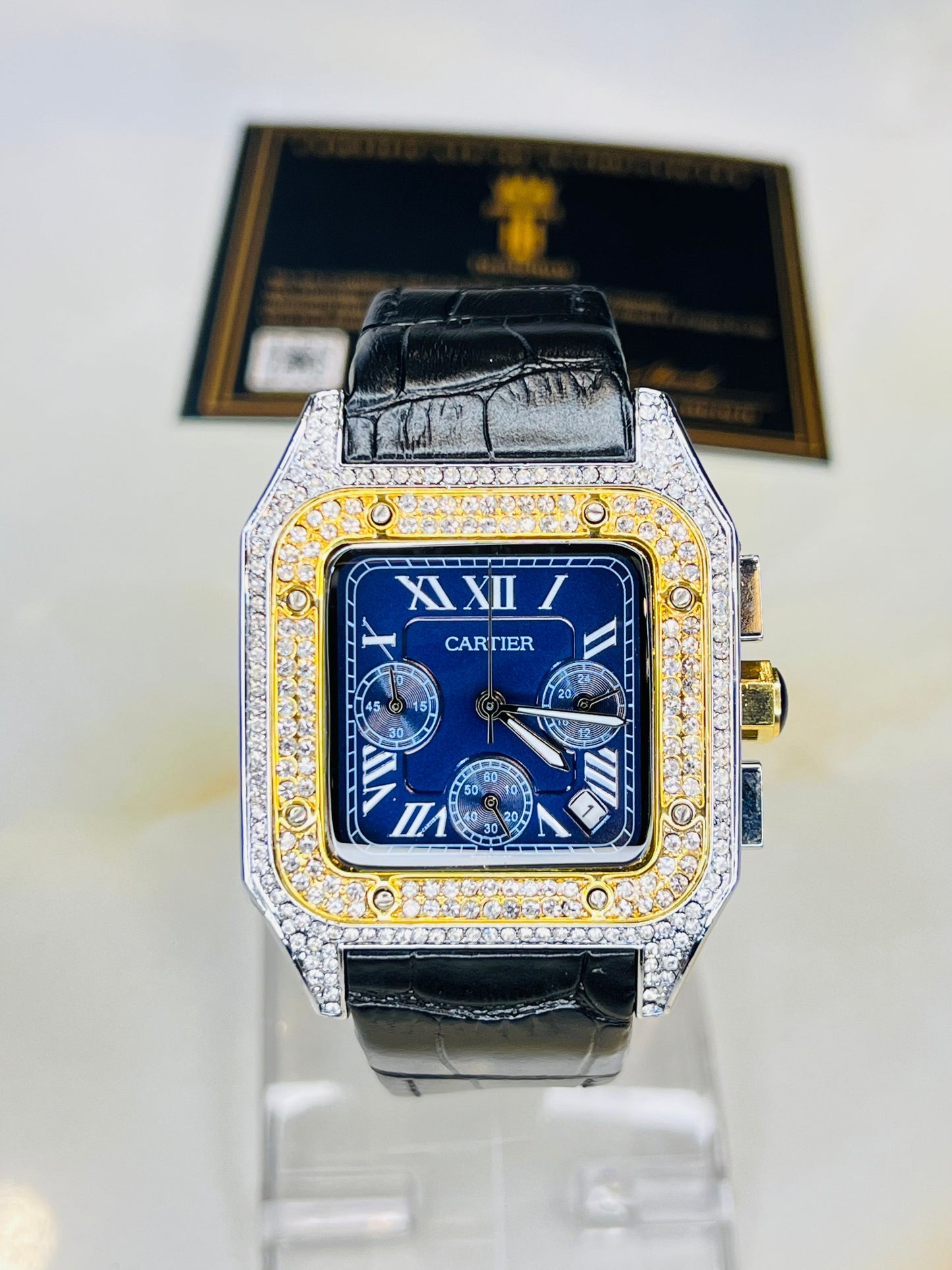 Premium Zircon Dial Black Navy Square Chronograph Watch