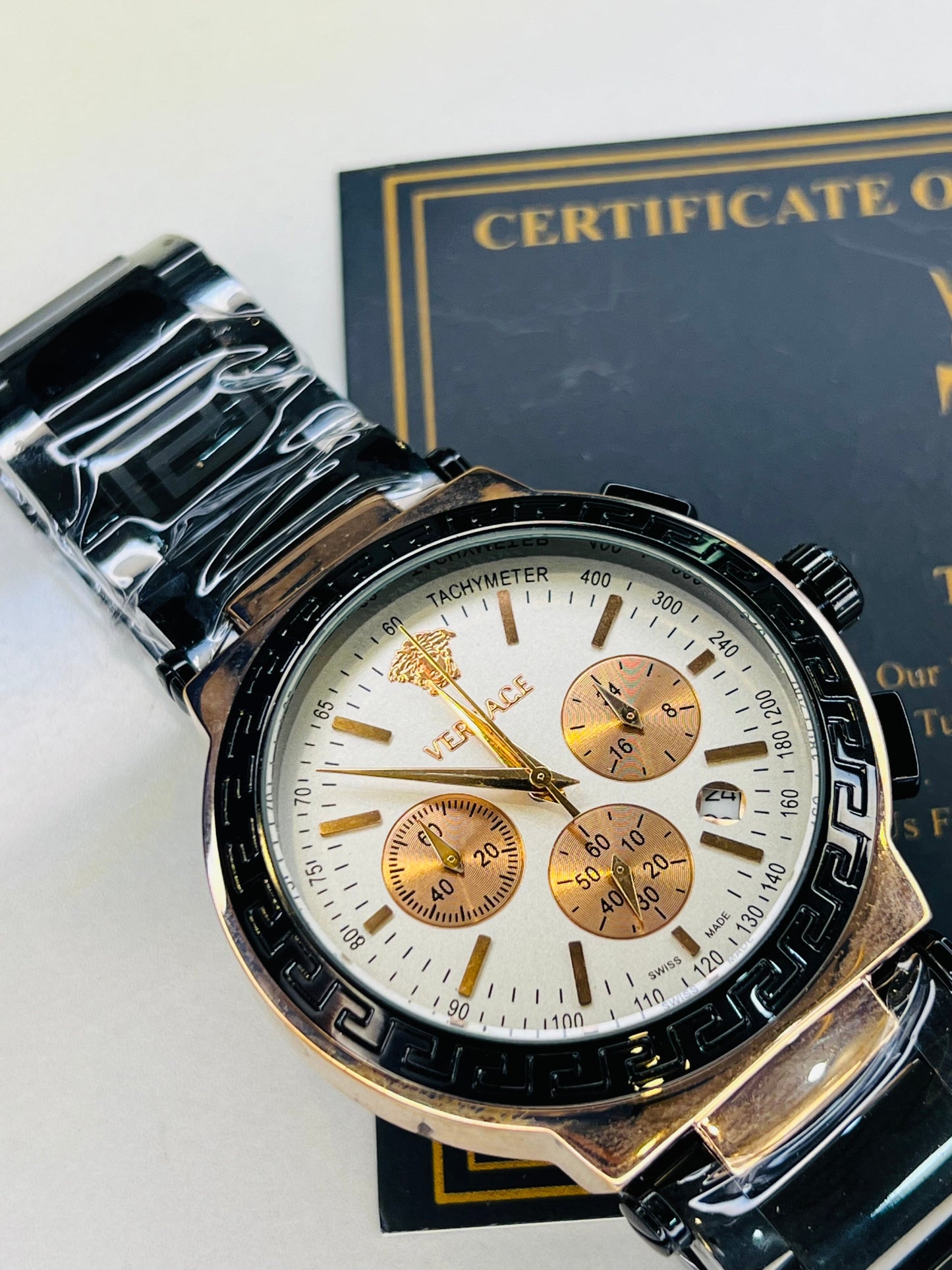 Black Copper Versace White Chronograph Dial Watch