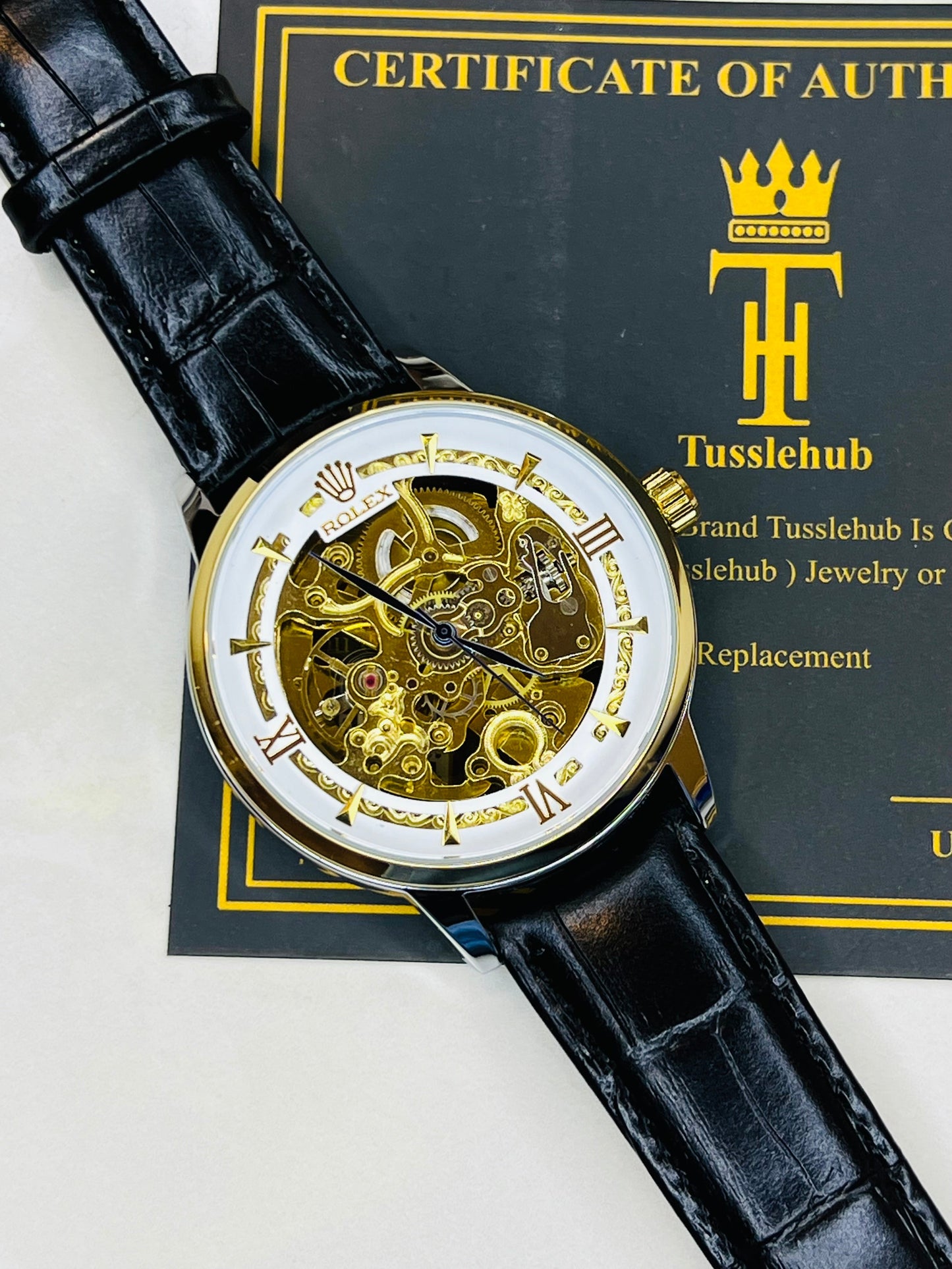 Leather Rol*x Black White Automatic Skeleton Watch