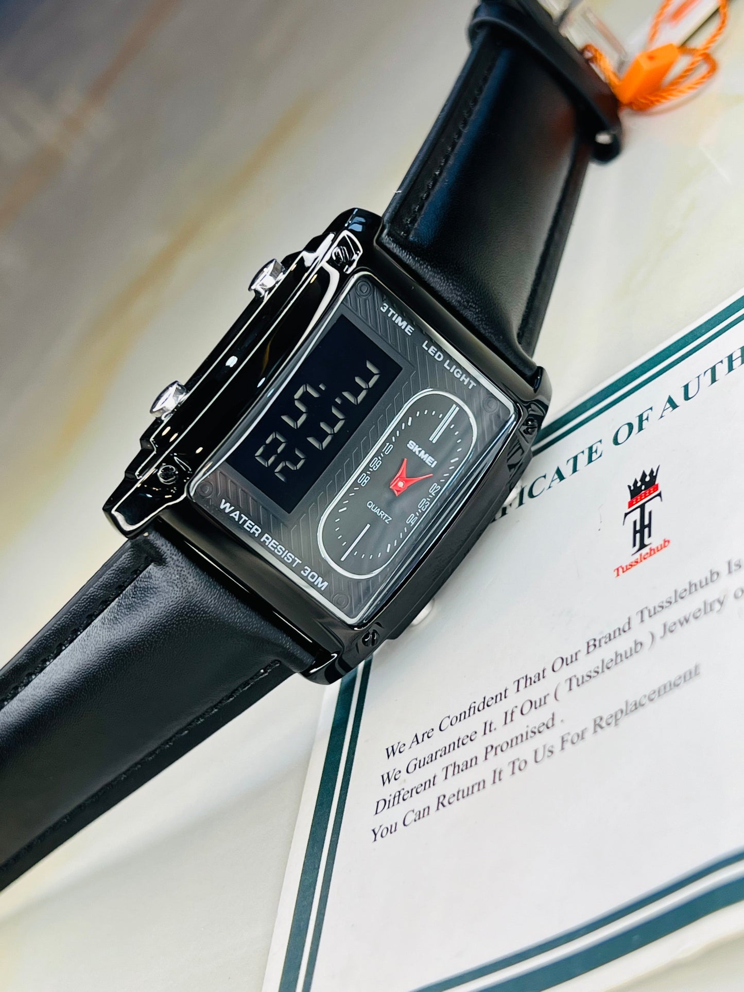 Leather Strapped Skmei 3 Time Black Watch