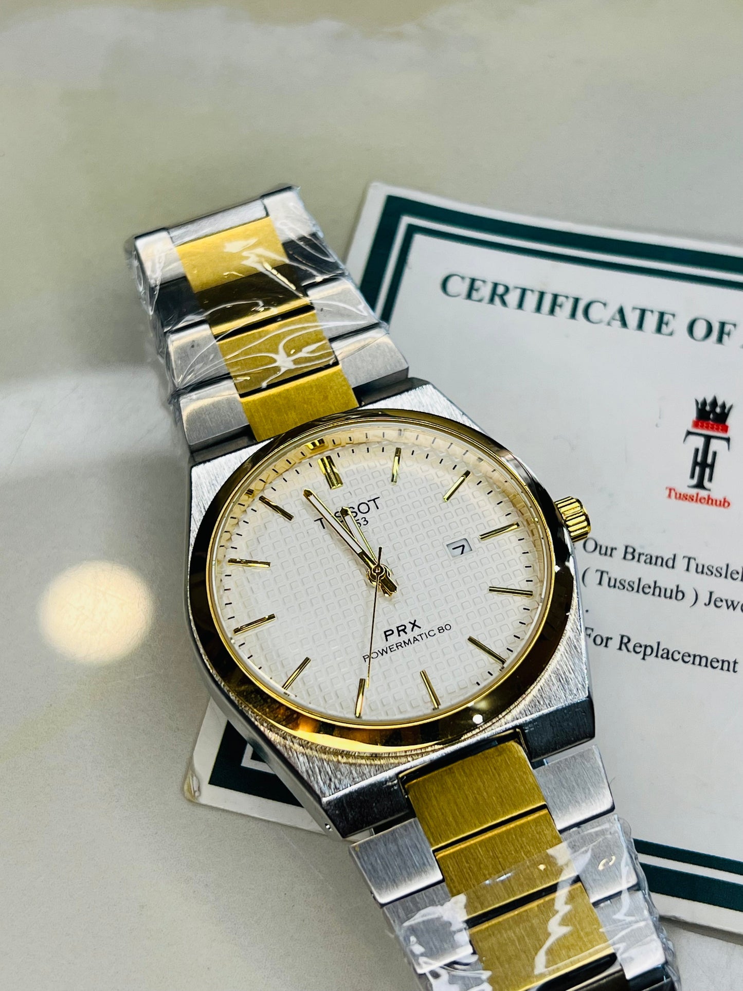 Tissot PRX 1853 Gold Silver With Textured White Dial Watch