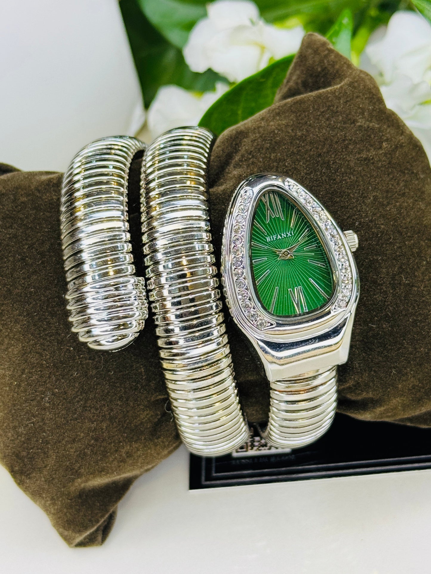 Silver Emerald Serpentine Watch For Her
