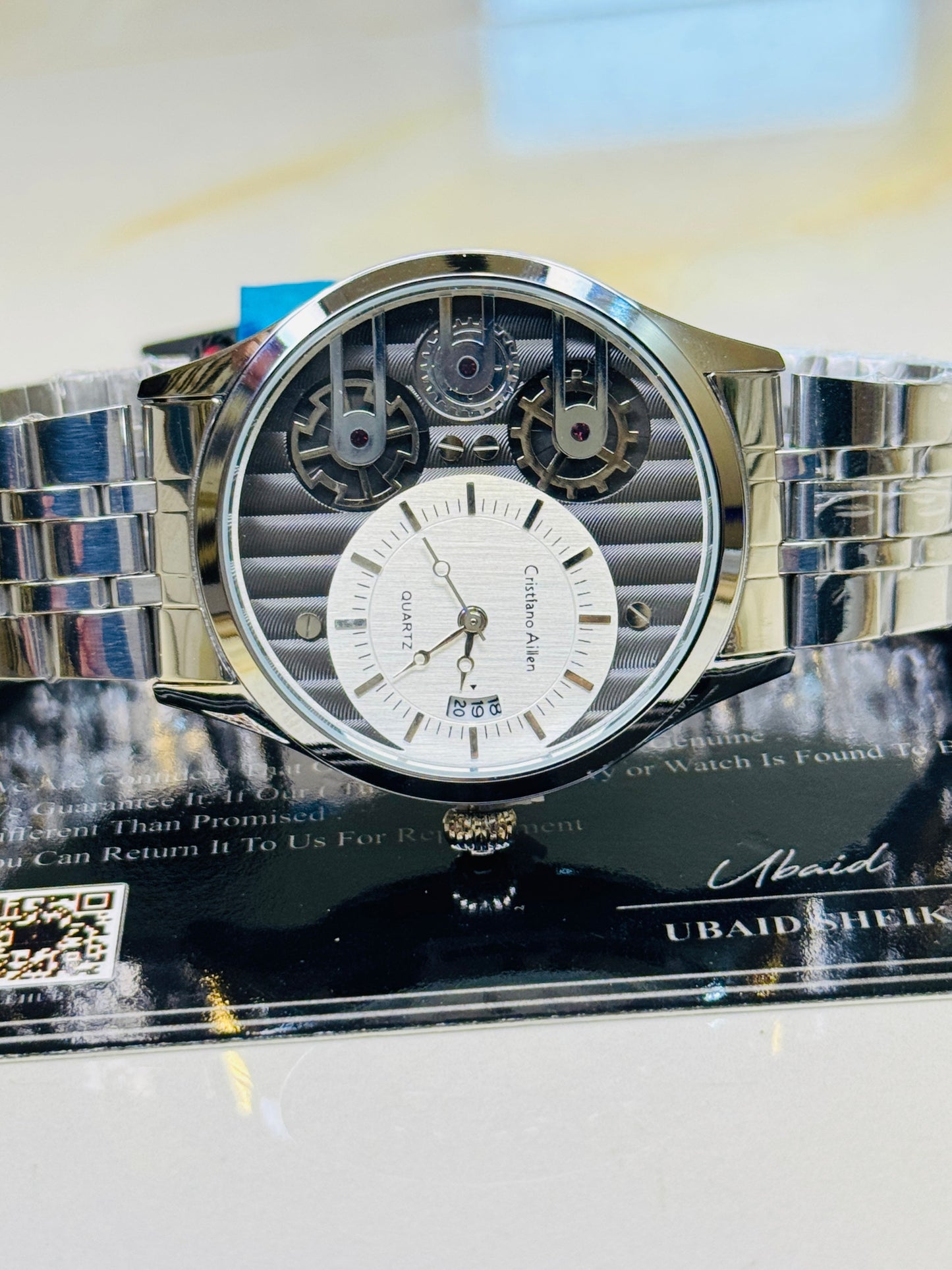 Silver Cristiano Aillen Black White Dial Dual Gear Watch