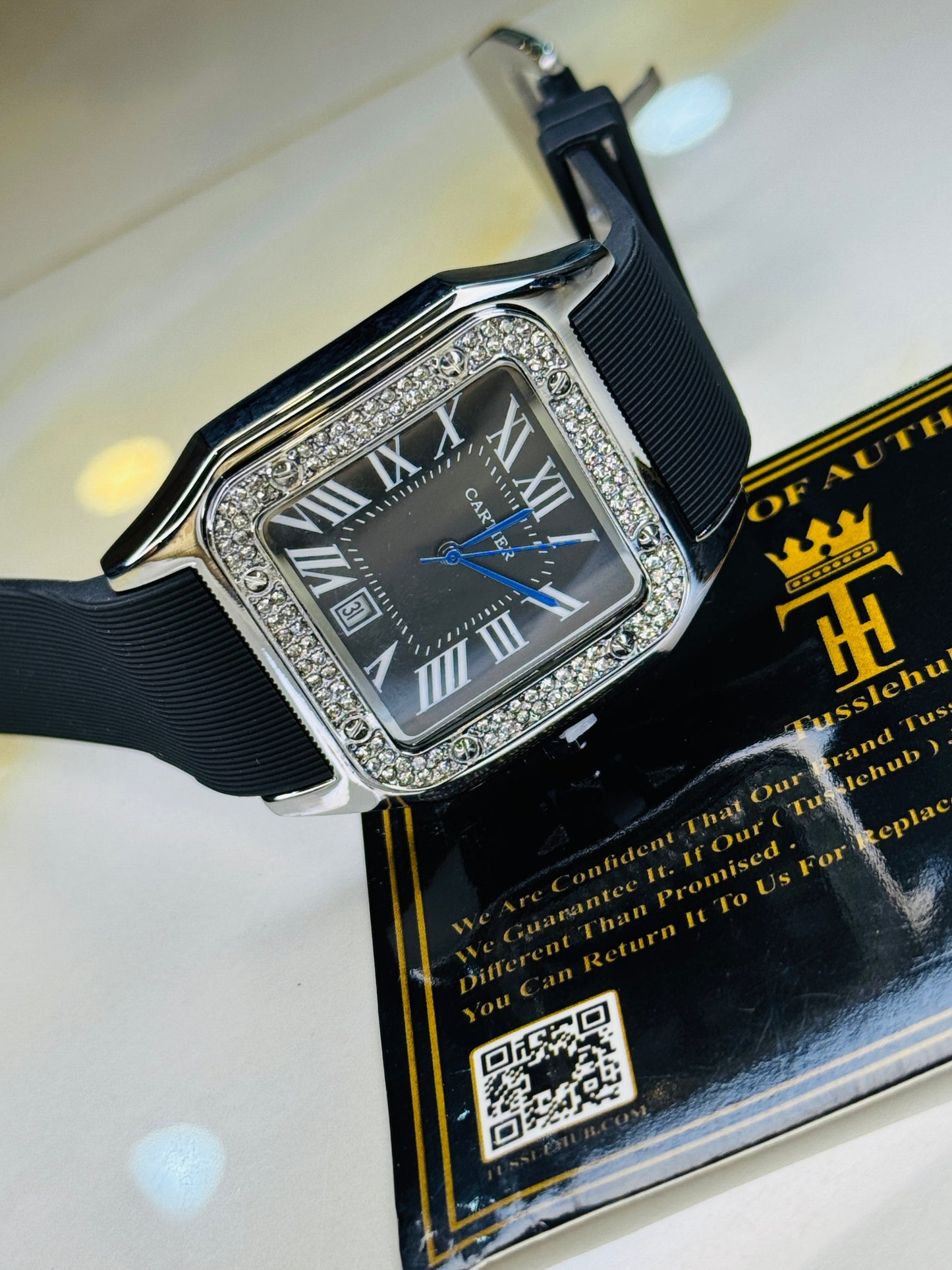 Silver Black Iced Tank Silicon Cartier Watch
